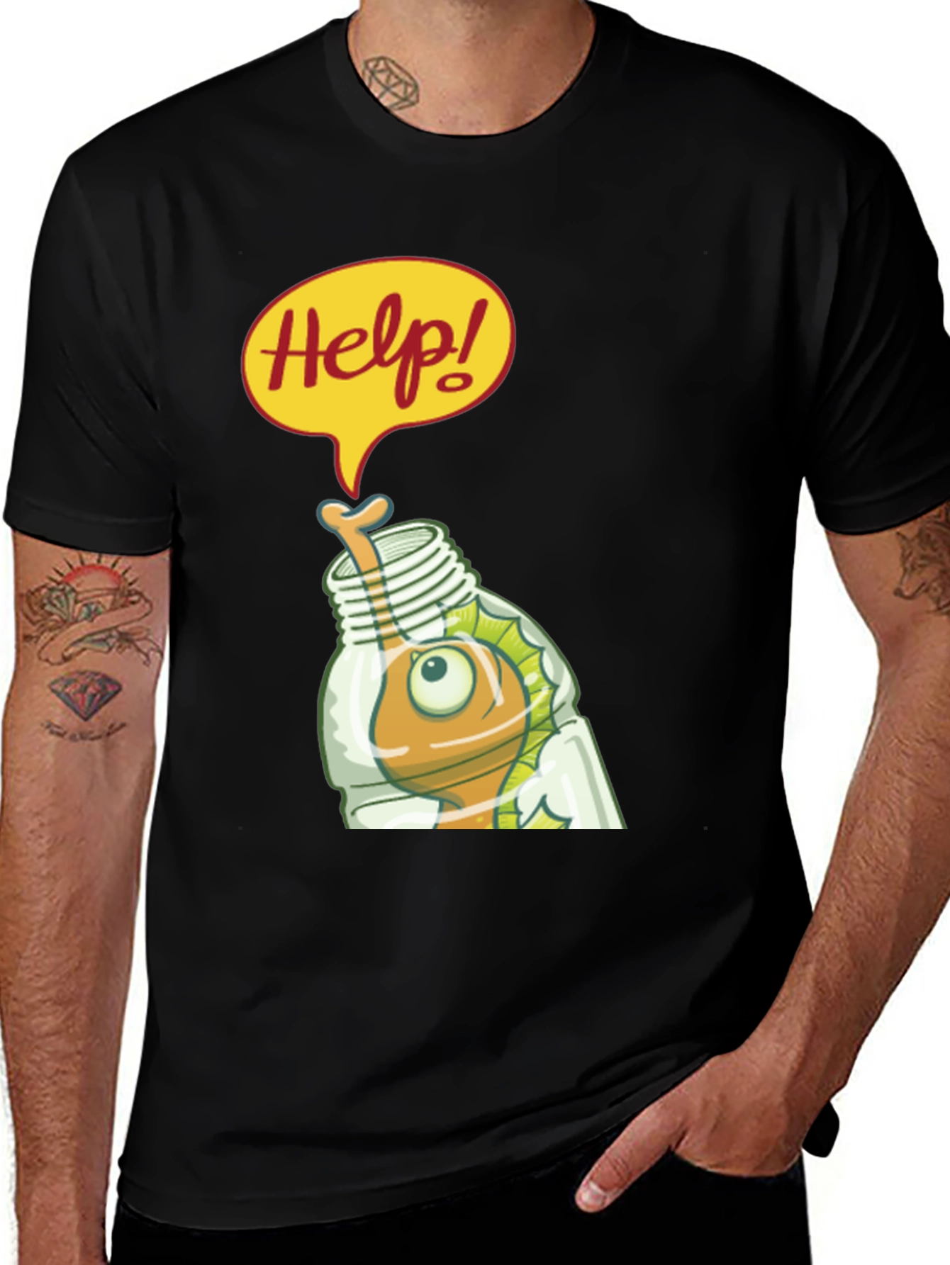 Black Help! Cartoon Fish in Bottle Graphic T-Shirt main image