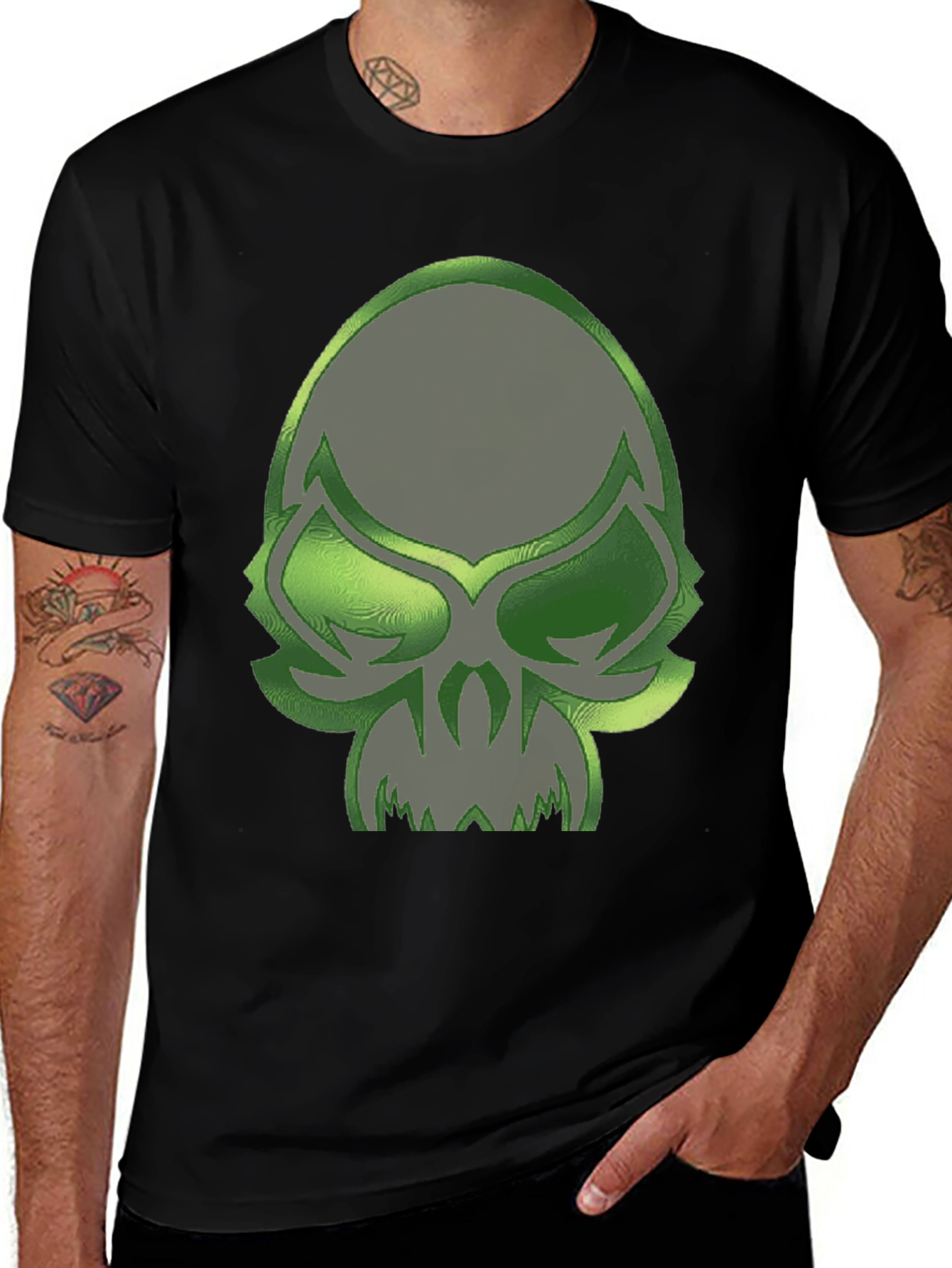 Variant 5 of Green Alien Skull Graphic Tee - Black Cotton Blend