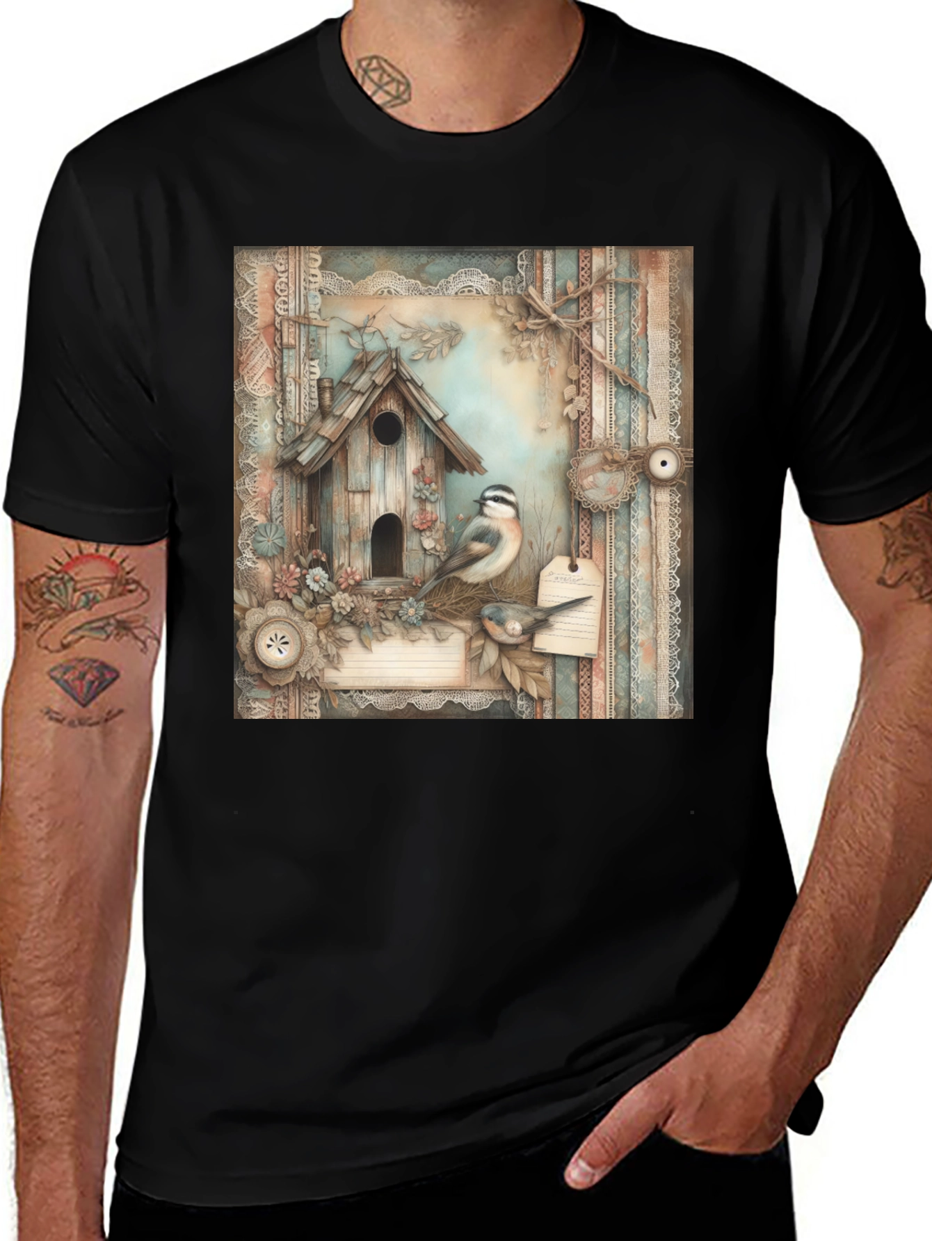 Black Rustic Birdhouse & Bird T-Shirt main image