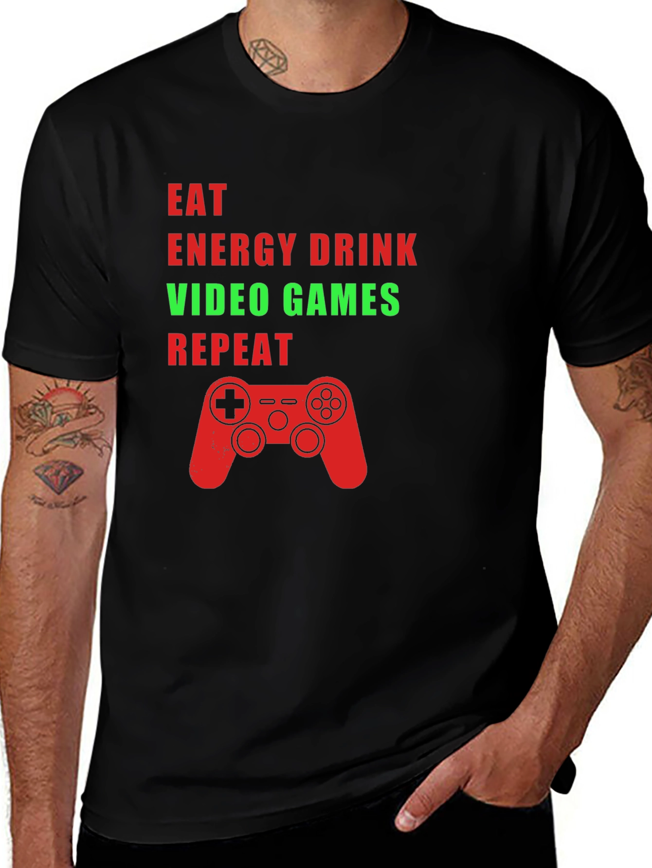 Variant 28 of Eat Energy Drink Video Games Repeat Black Graphic Tee