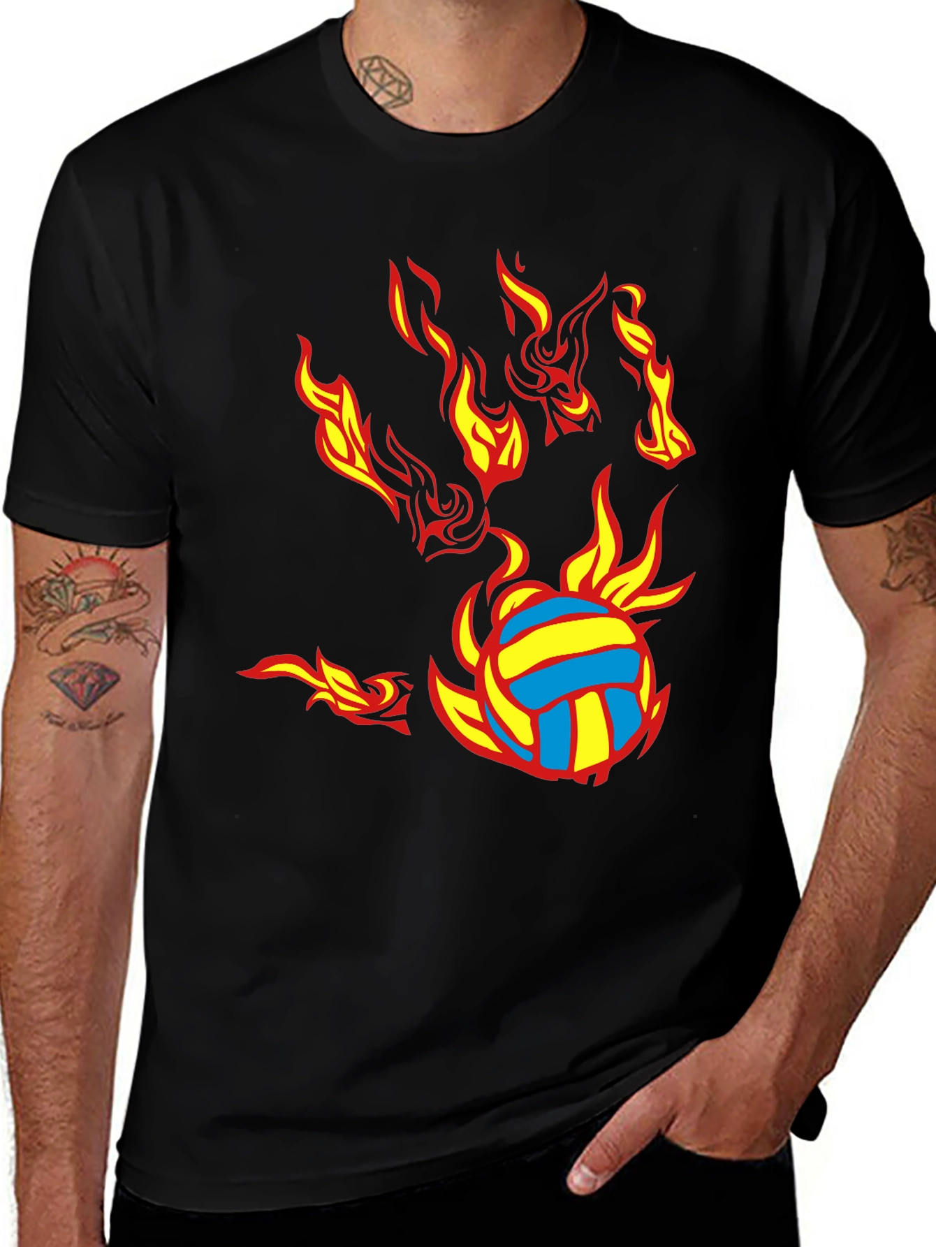 Variant 22 of Fiery Volleyball Graphic Tee - Black Cotton Blend