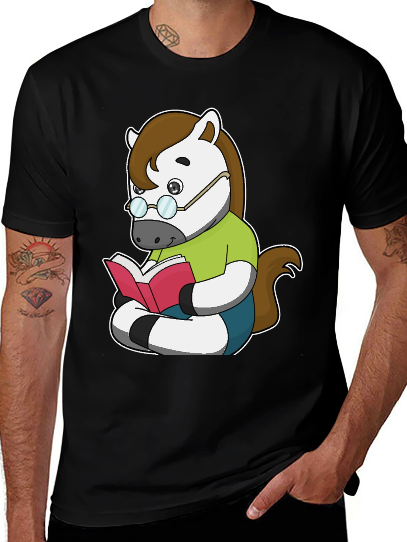 Variant 3 of Cartoon Horse Reading Book Graphic Tee