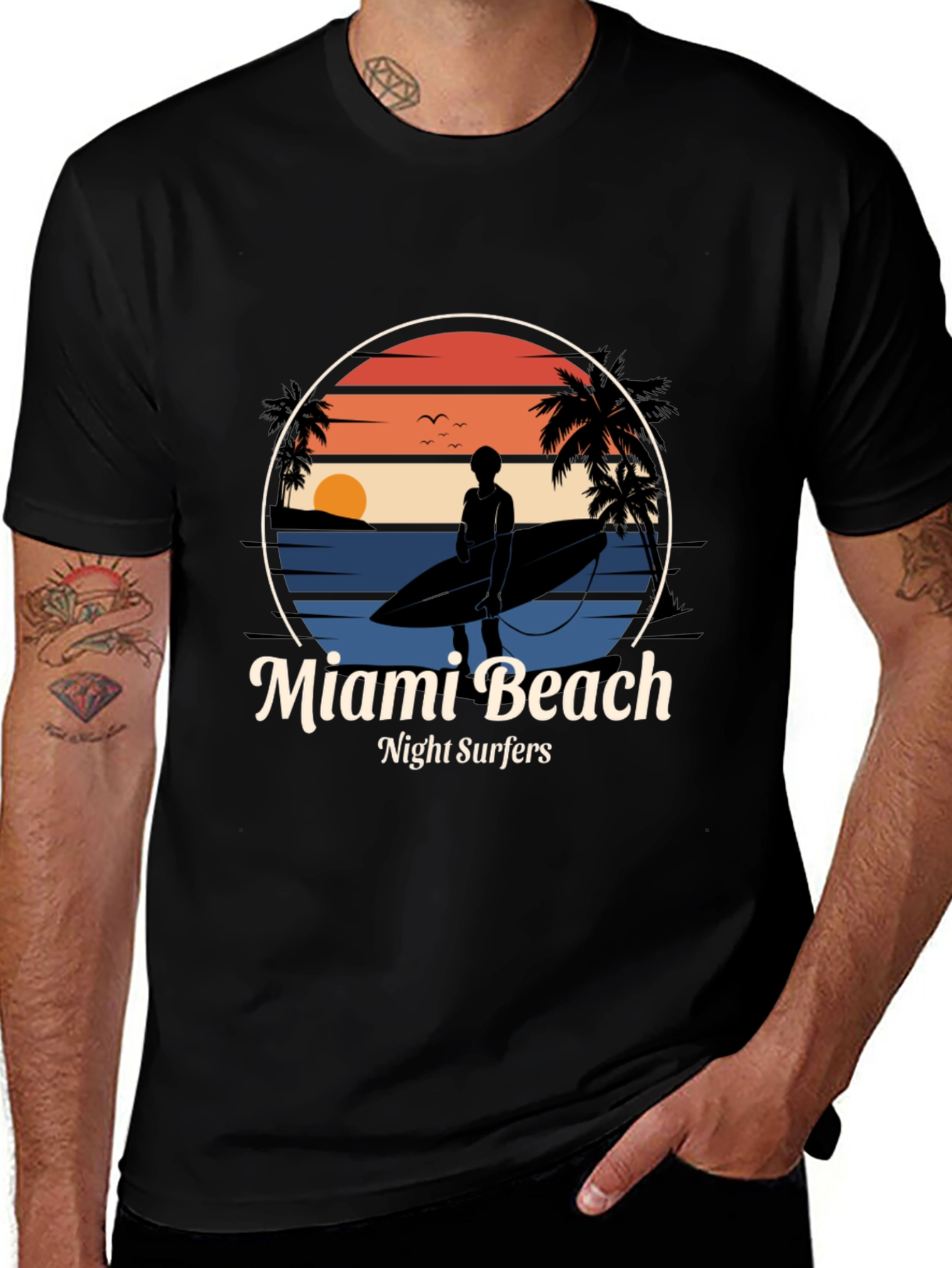 Variant 4 of Miami Beach Night Surfers T-Shirt - Retro Style