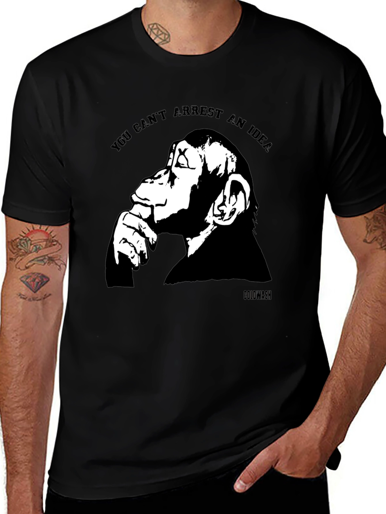 Variant 18 of Thinking Monkey Graphic Tee - Arrest an Idea? Black Cotton Shirt