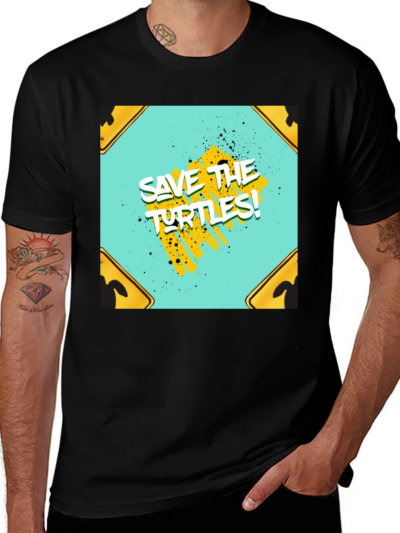 Variant 14 of Save The Turtles Graphic Tee - Black Cotton T-Shirt