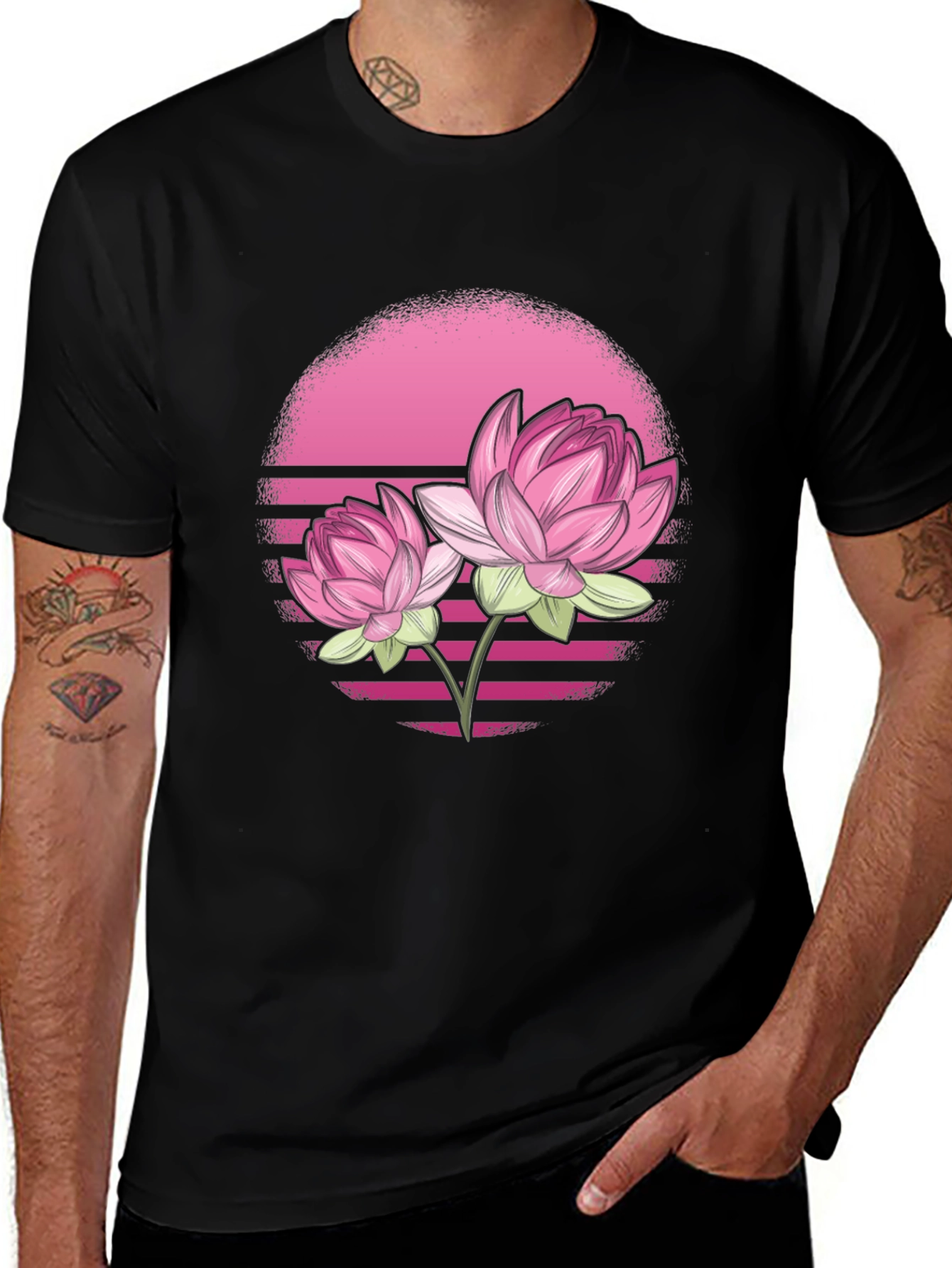 Pink Lotus Flower Graphic T-Shirt - Black