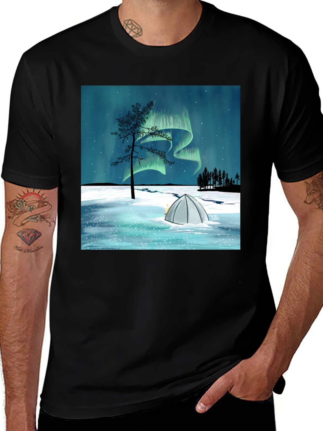 Variant 27 of Northern Lights Camping Tee - Black Graphic T-Shirt