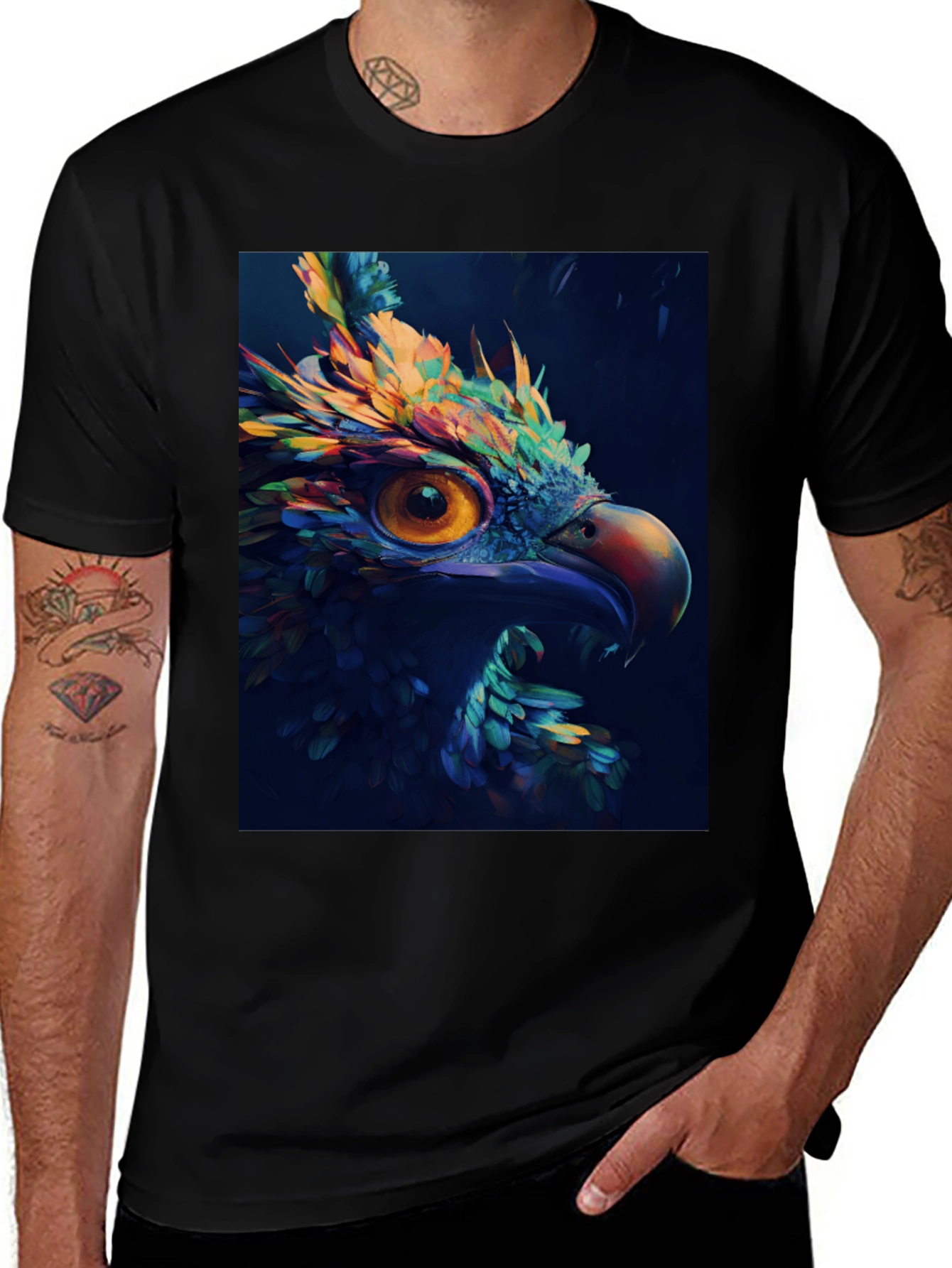 Variant 9 of Colorful Bird Graphic Black T-Shirt