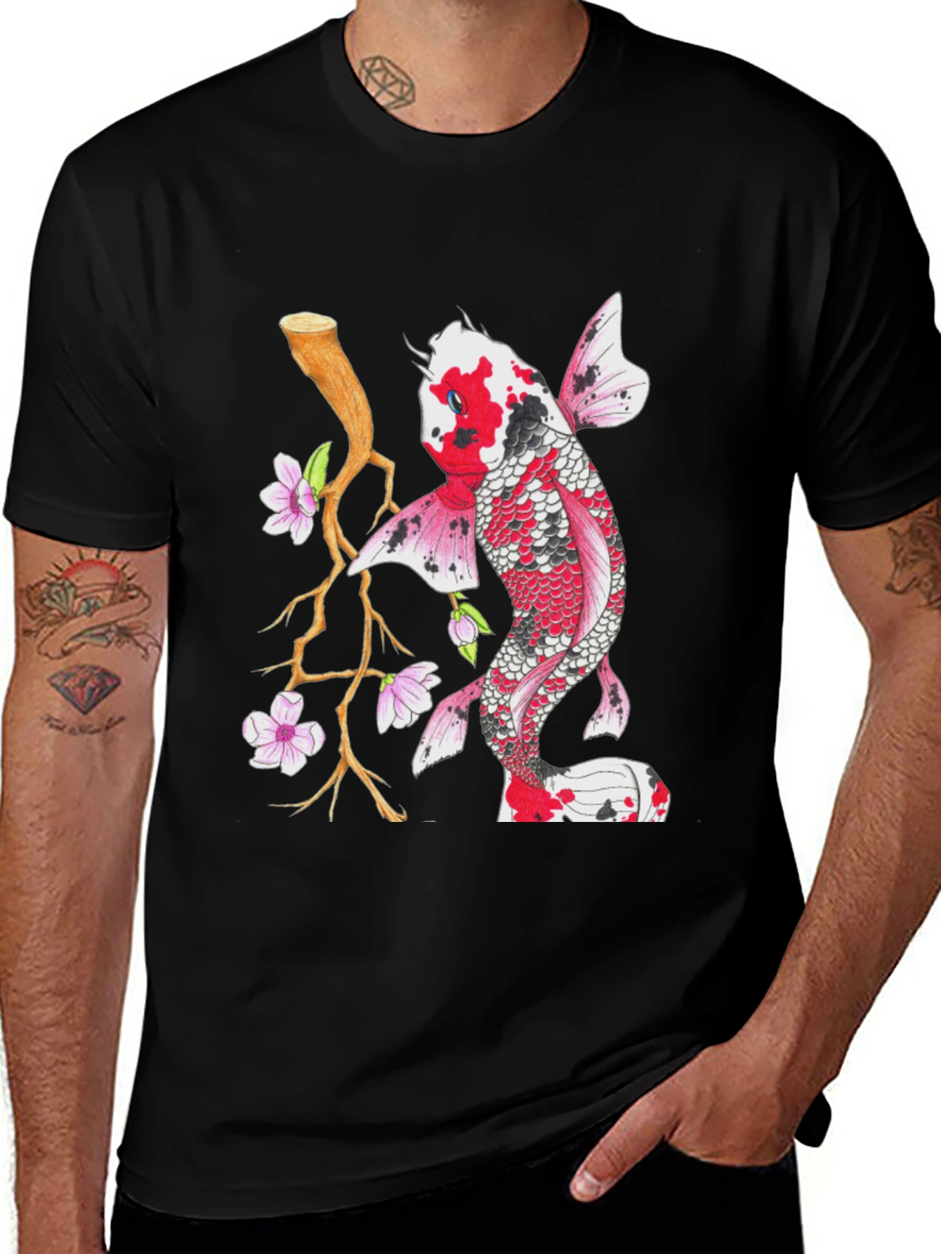 Koi Fish Graphic Tee - Stylish Men's Black T-Shirt