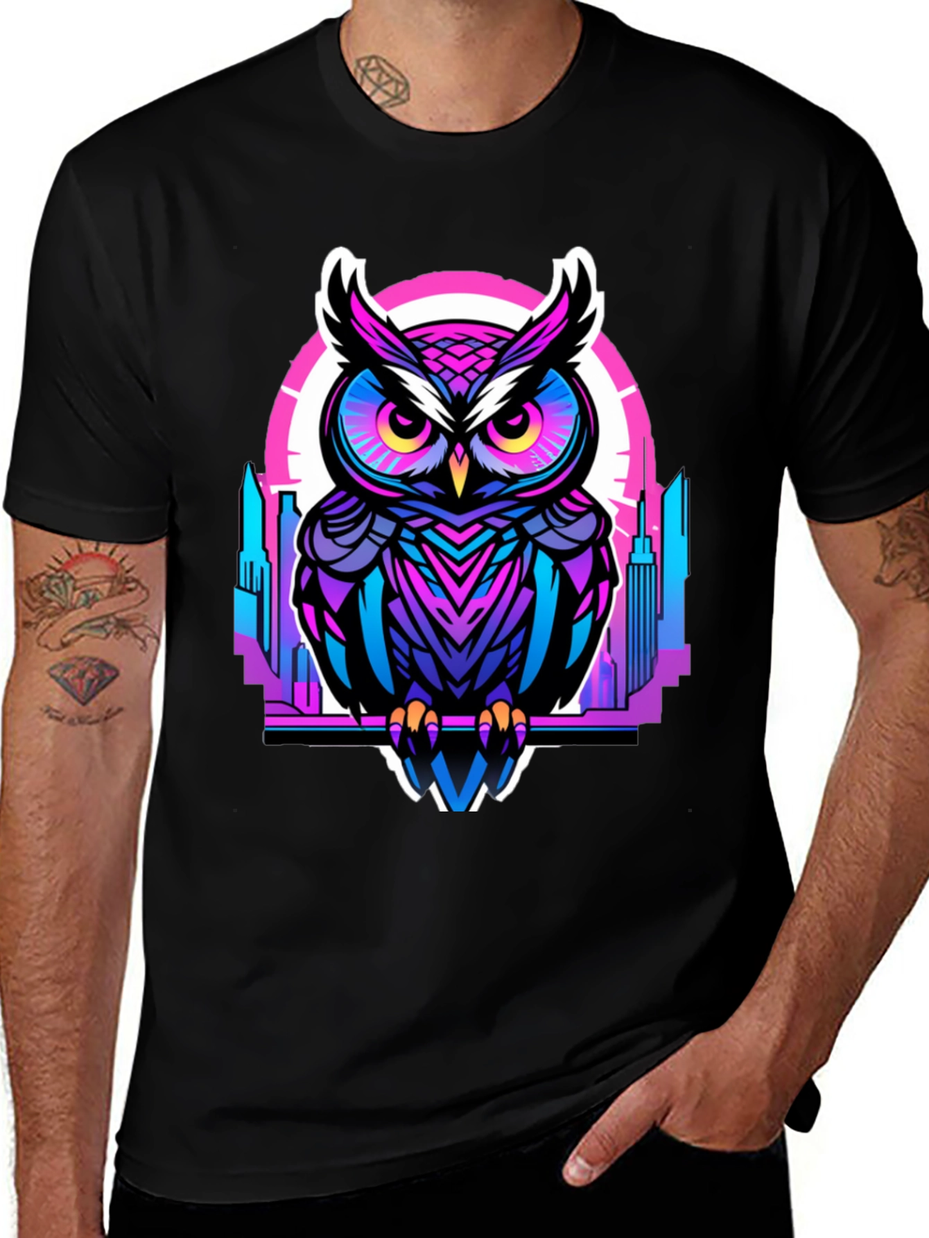 Black Cyberpunk Owl Graphic Tee - Men's Black T-Shirt main image