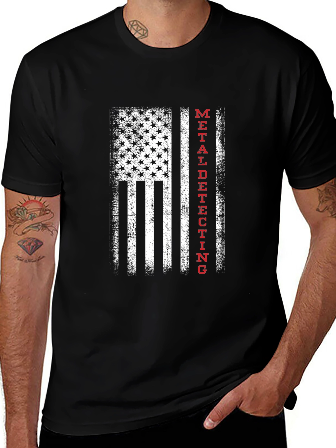 Black Metal Detecting USA Flag T-Shirt main image