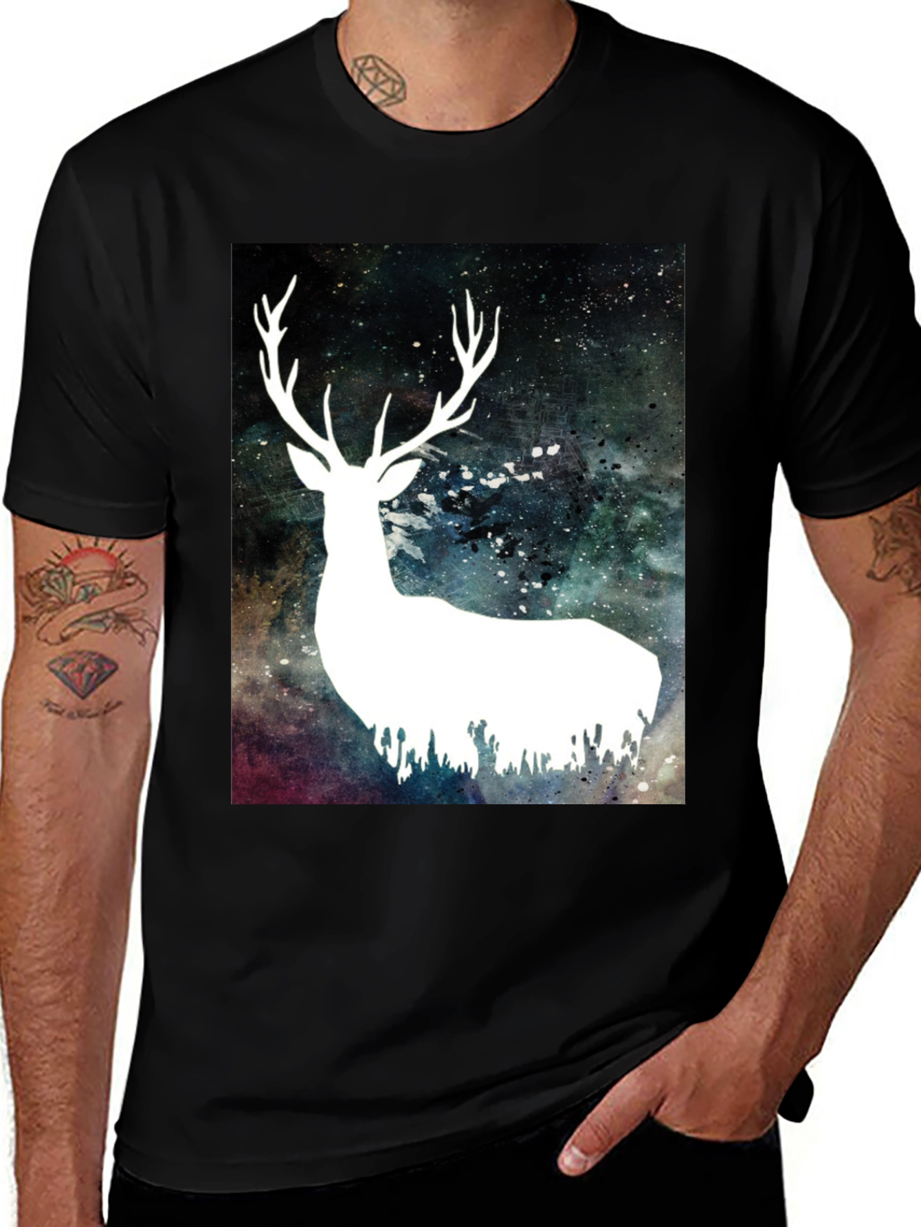 Galaxy Deer Graphic Tee - Men's Black T-Shirt