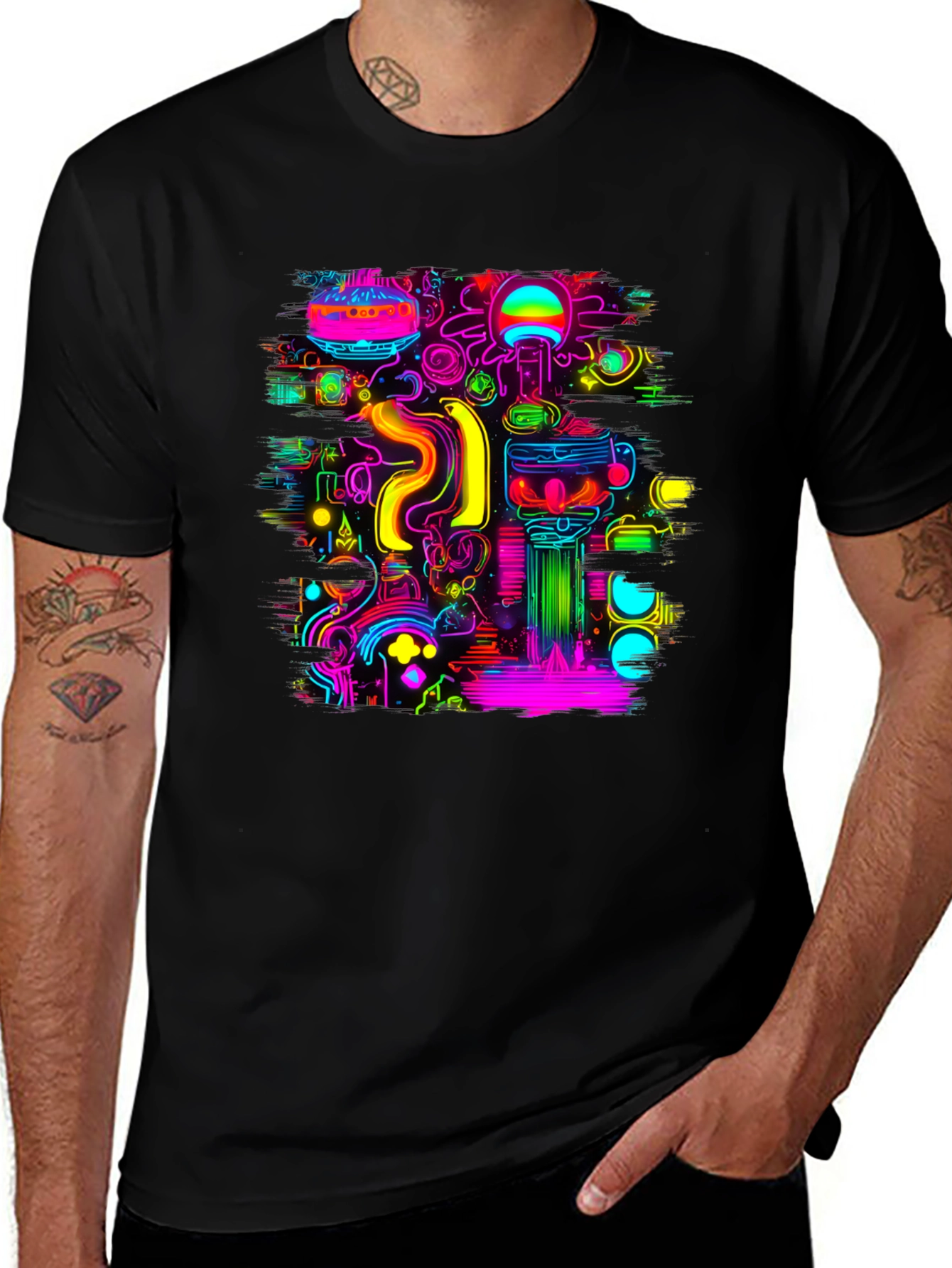 Variant 8 of Neon Glitch Art Men's Black T-Shirt