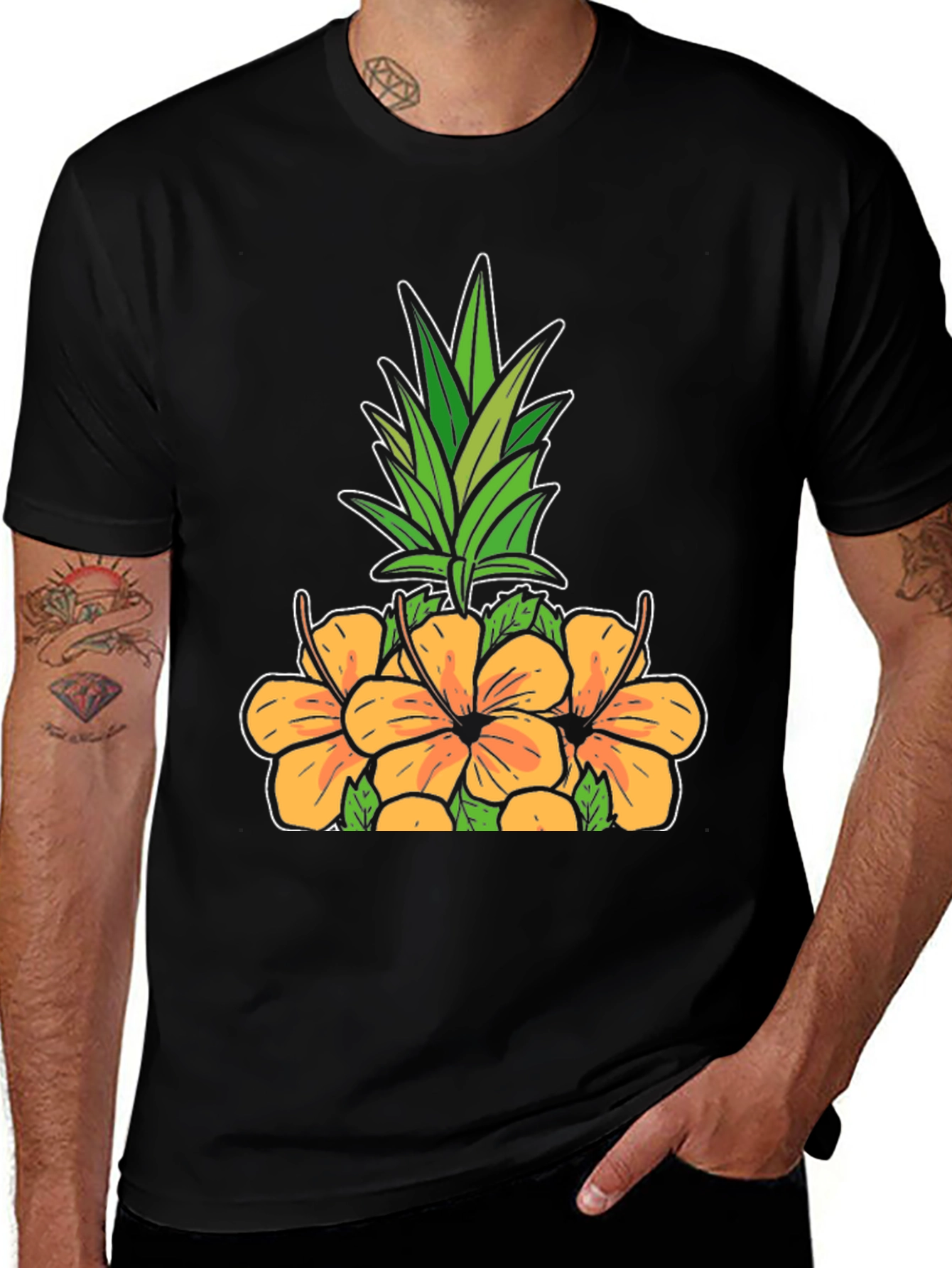 Floral Pineapple Graphic Tee - Black Cotton Shirt