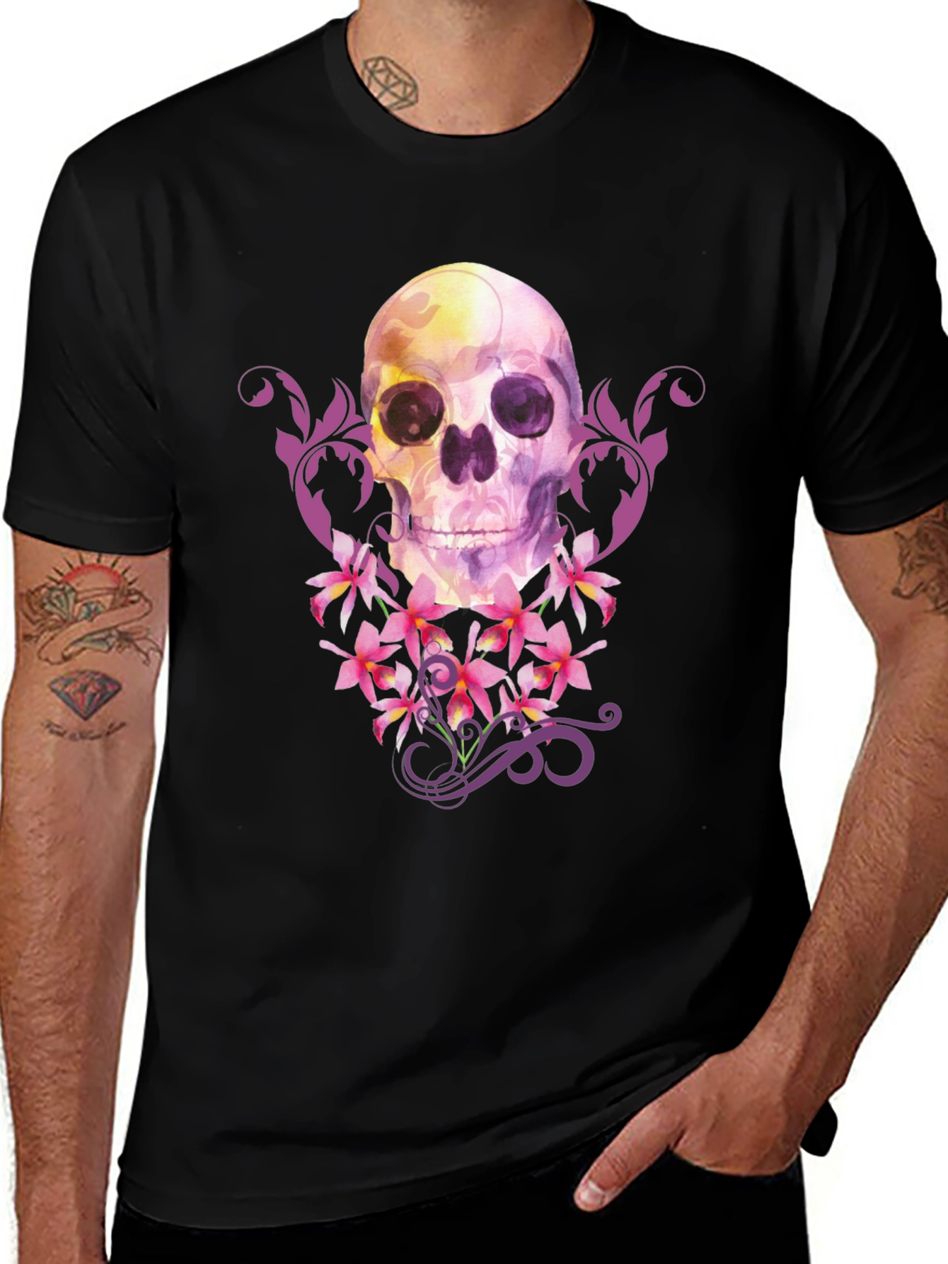 Variant 27 of Floral Skull Graphic Tee - Watercolor Skull T-Shirt
