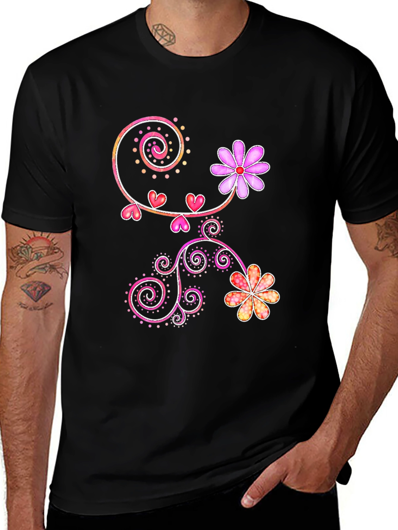Variant 4 of Floral Heart Swirl Design Black T-Shirt