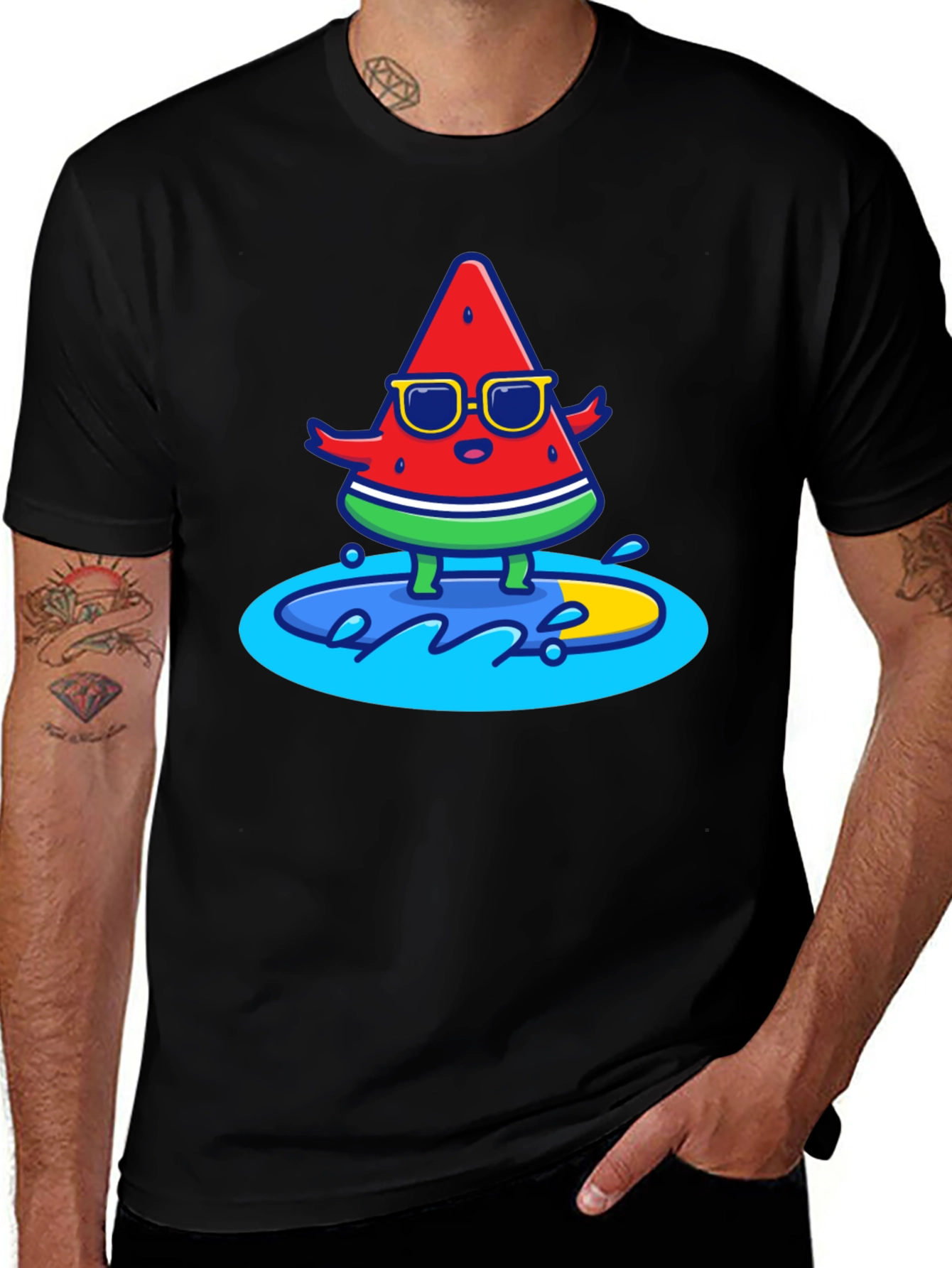 Black Cool Watermelon Surfing Graphic T-Shirt main image