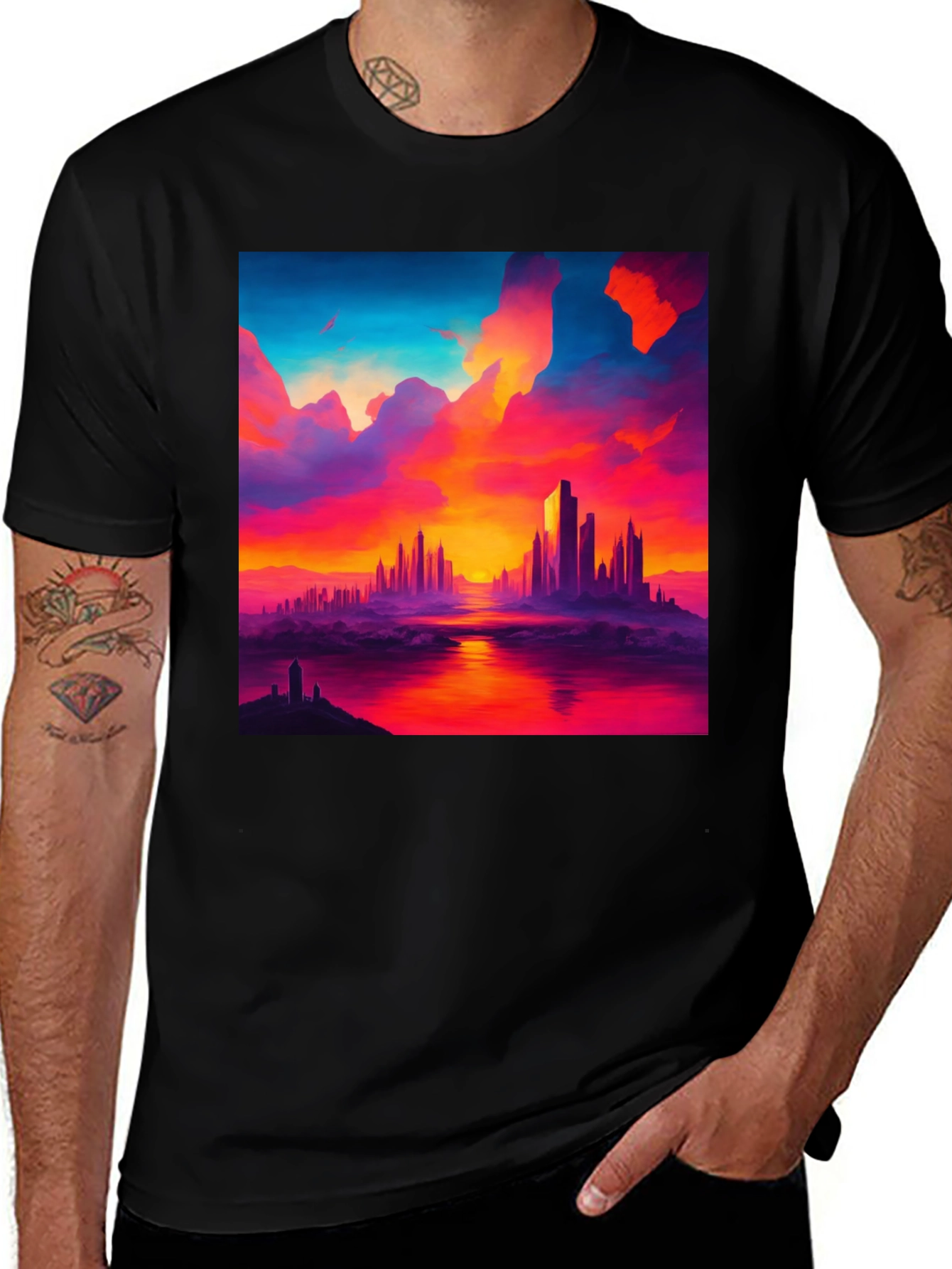 Variant 7 of Sunset Cityscape Graphic Tee - Vibrant Black T-Shirt