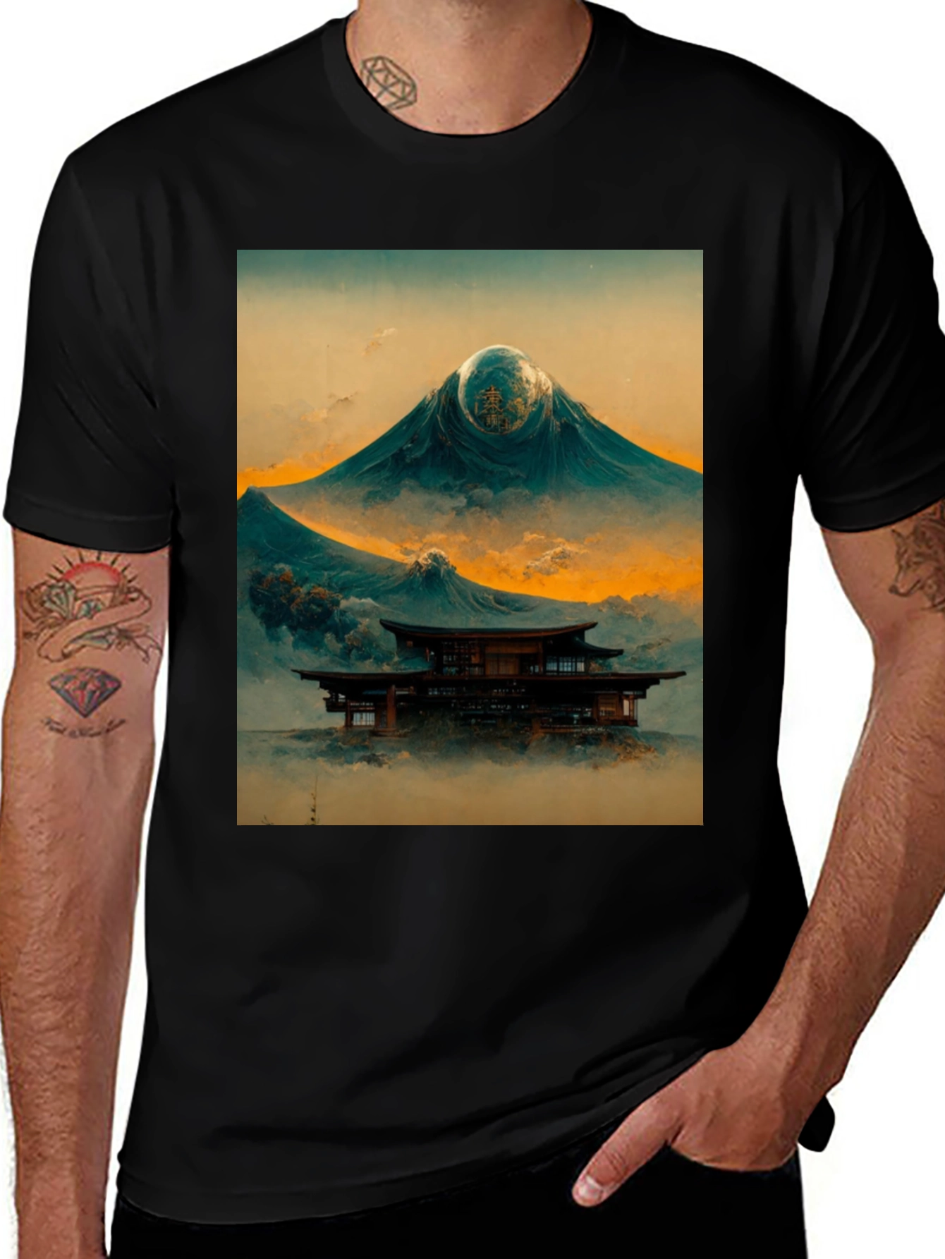 Asian Mountain Scene Black T-Shirt