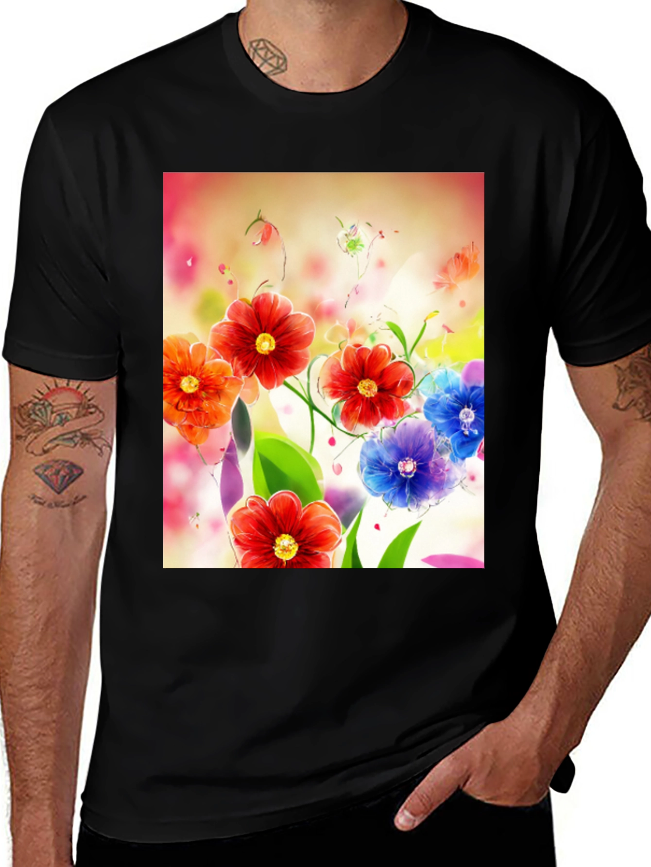 Variant 10 of Floral Art Print Black T-Shirt