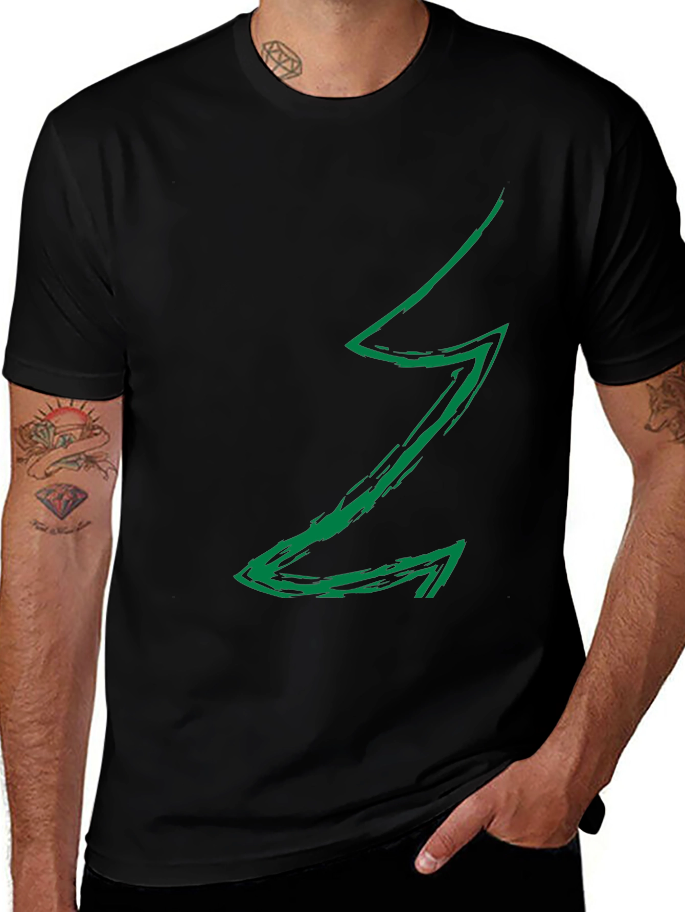 Variant 12 of Men's Black Tee with Green Arrow Design