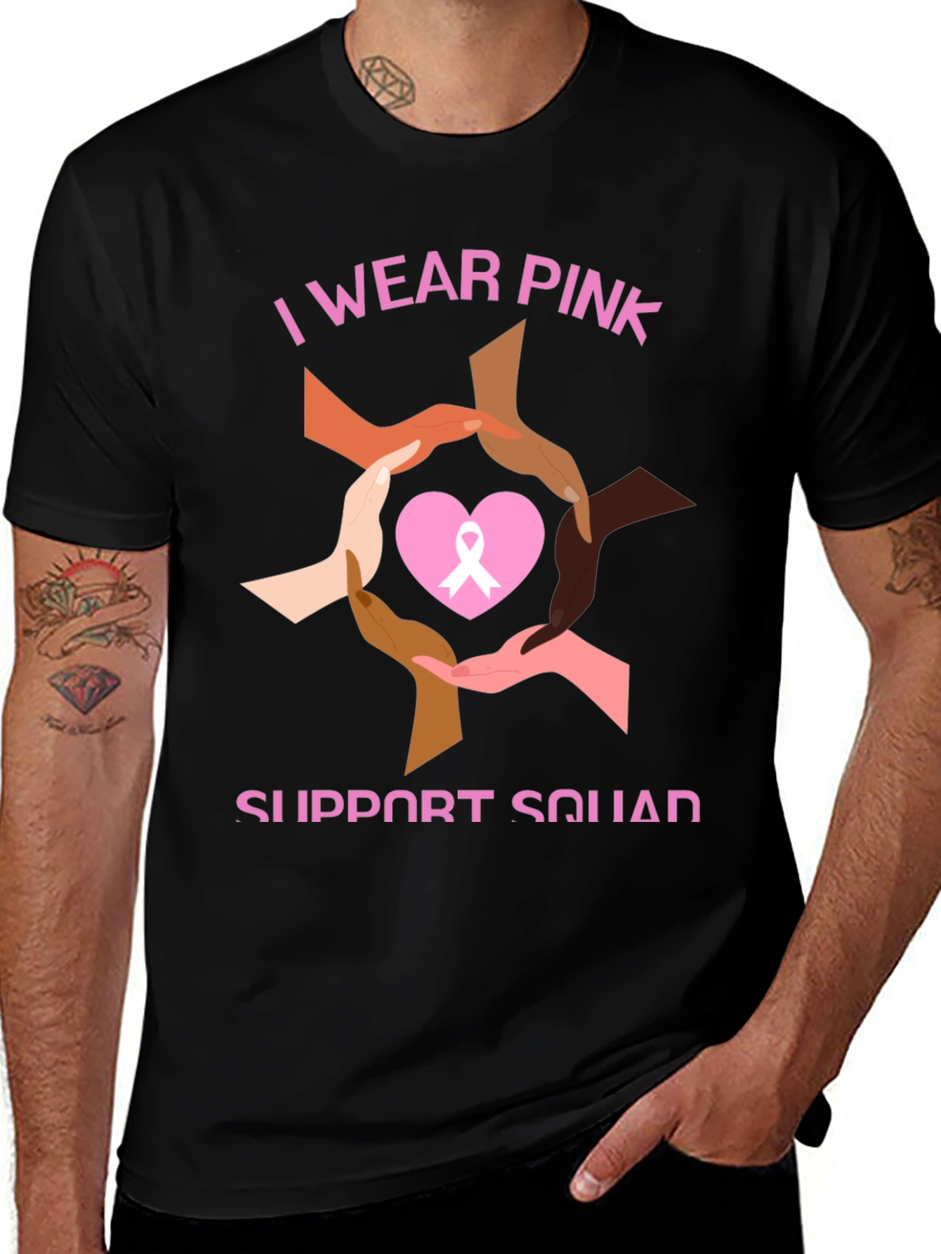 Black I Wear Pink Breast Cancer Support T-Shirt main image