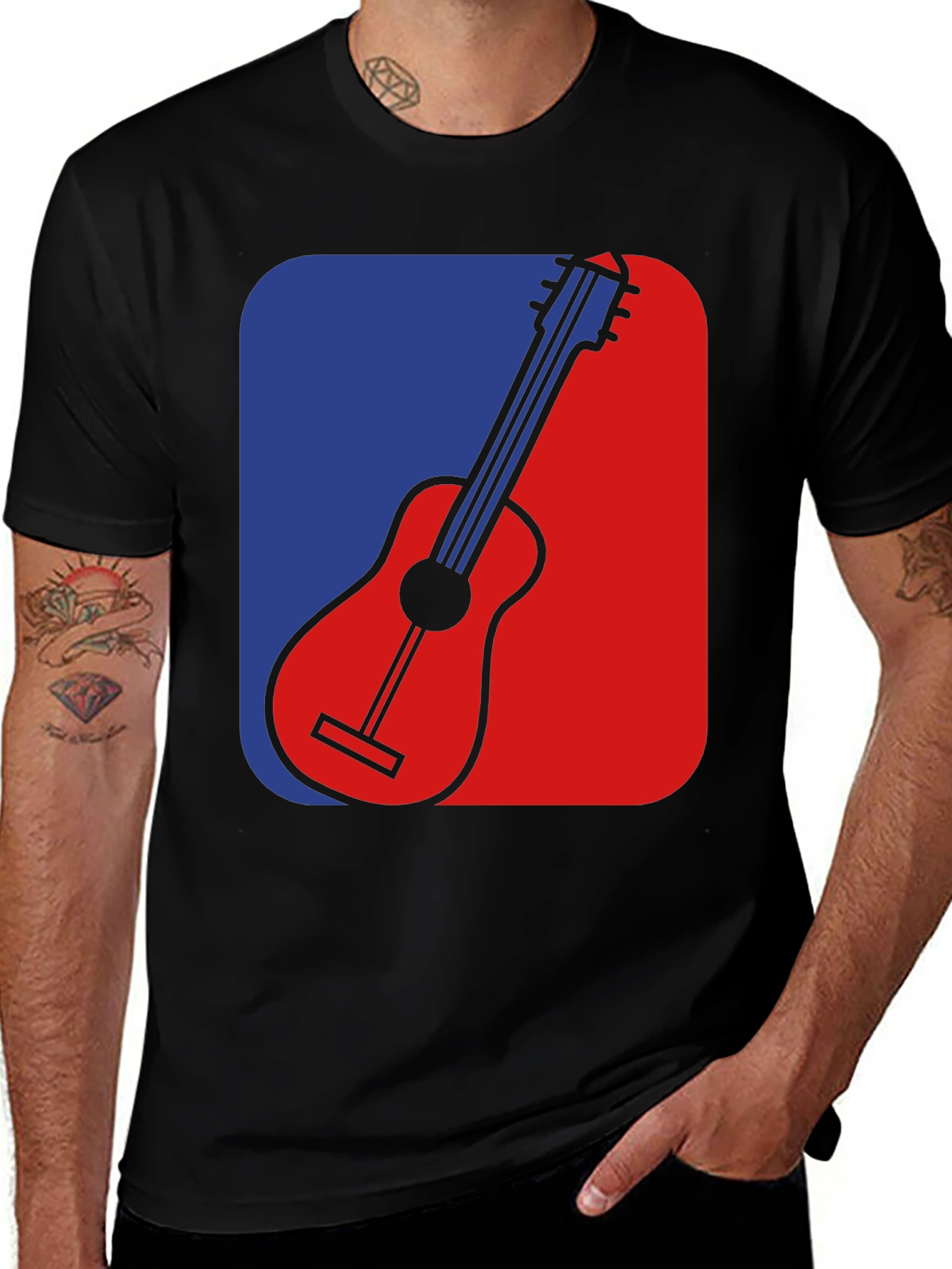 Black Guitar Graphic Tee - Blue & Red Design, Black T-Shirt main image