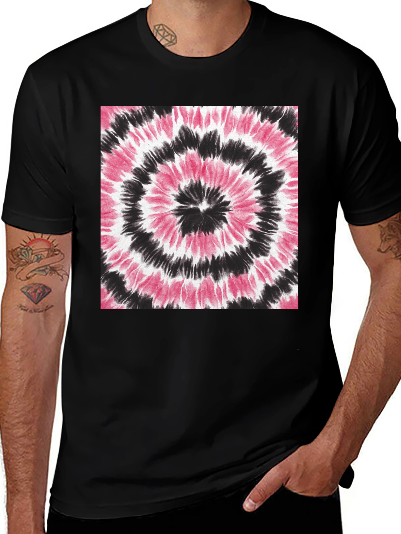 Black T-Shirt with Pink & Black Tie Dye Pattern