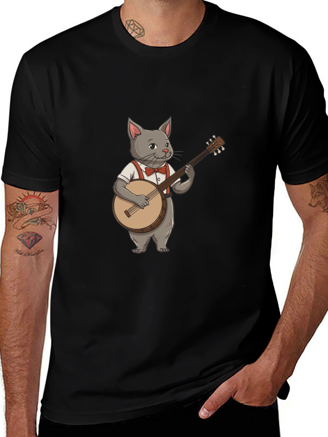 Variant 30 of Cat Banjo Player Graphic Tee - Black