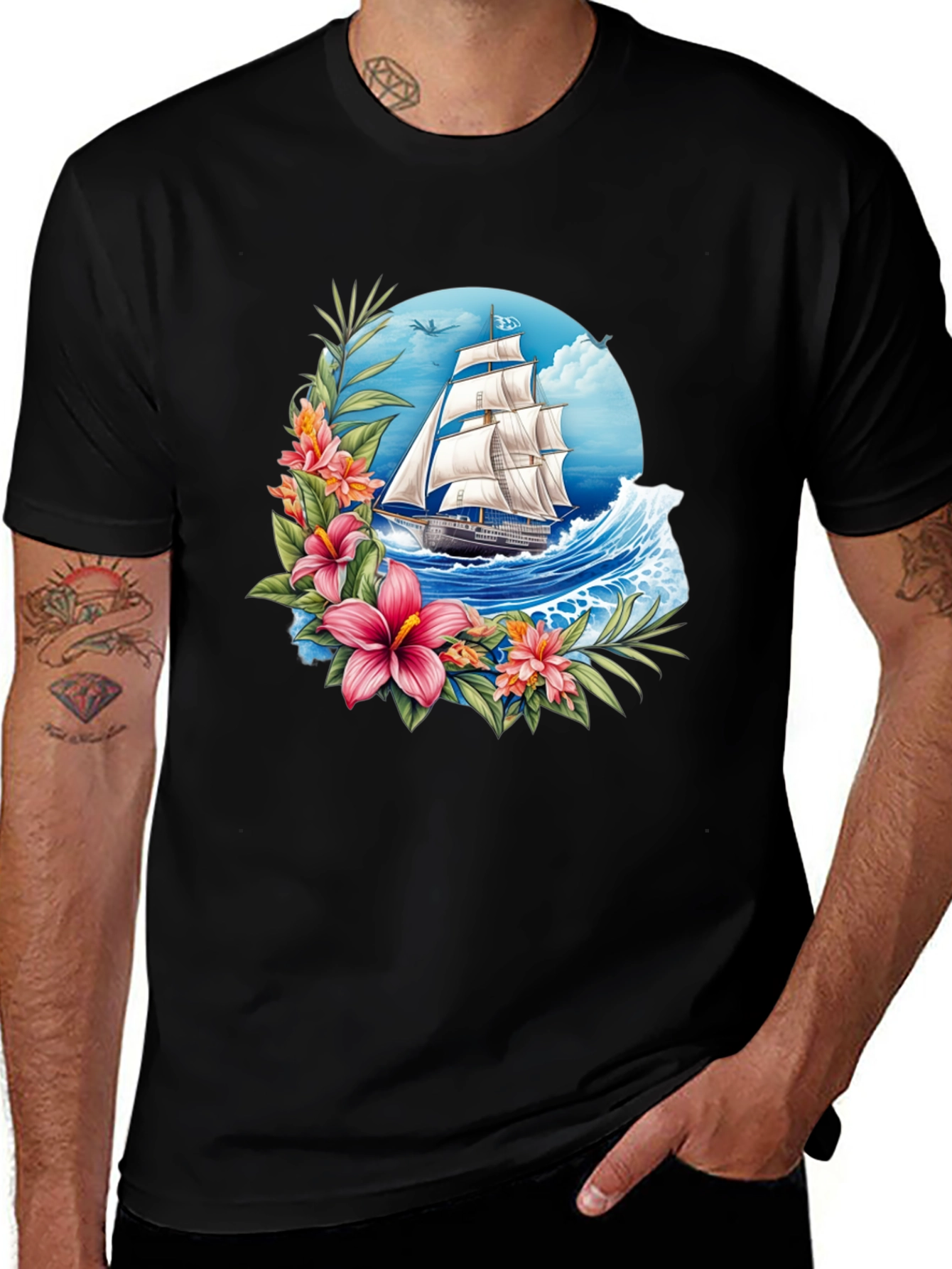Nautical Floral Graphic Tee - Black