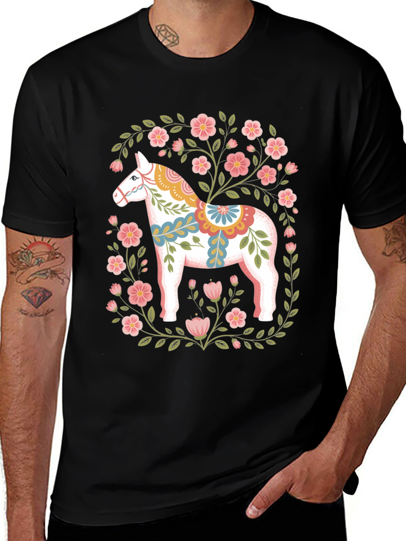 Variant 18 of Floral Dala Horse Graphic Tee - Black