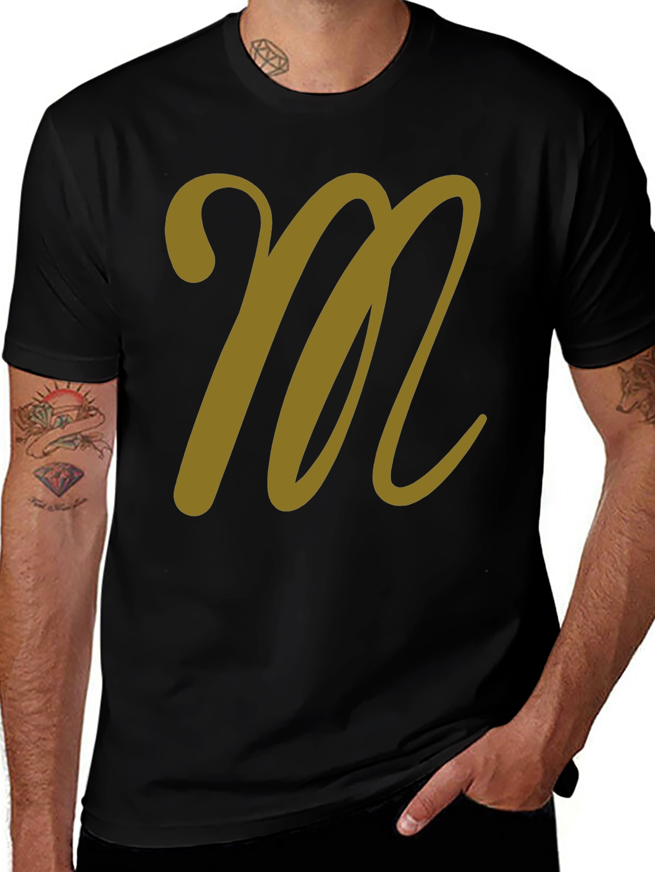 Variant 28 of Stylish Black T-Shirt with Gold "M" Initial Design