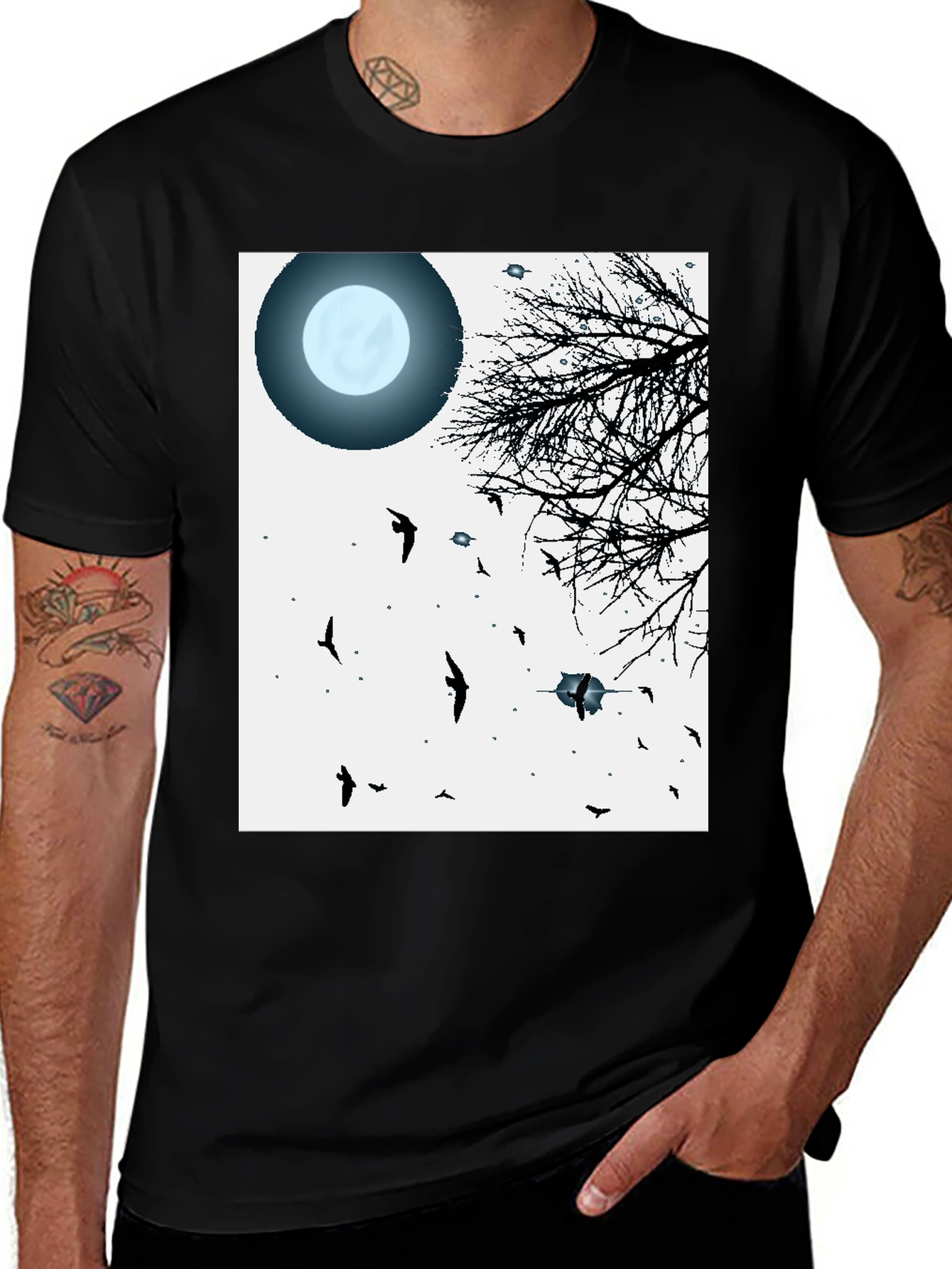 Variant 27 of Moonlit Tree & Birds Graphic Tee - Men's Black T-Shirt
