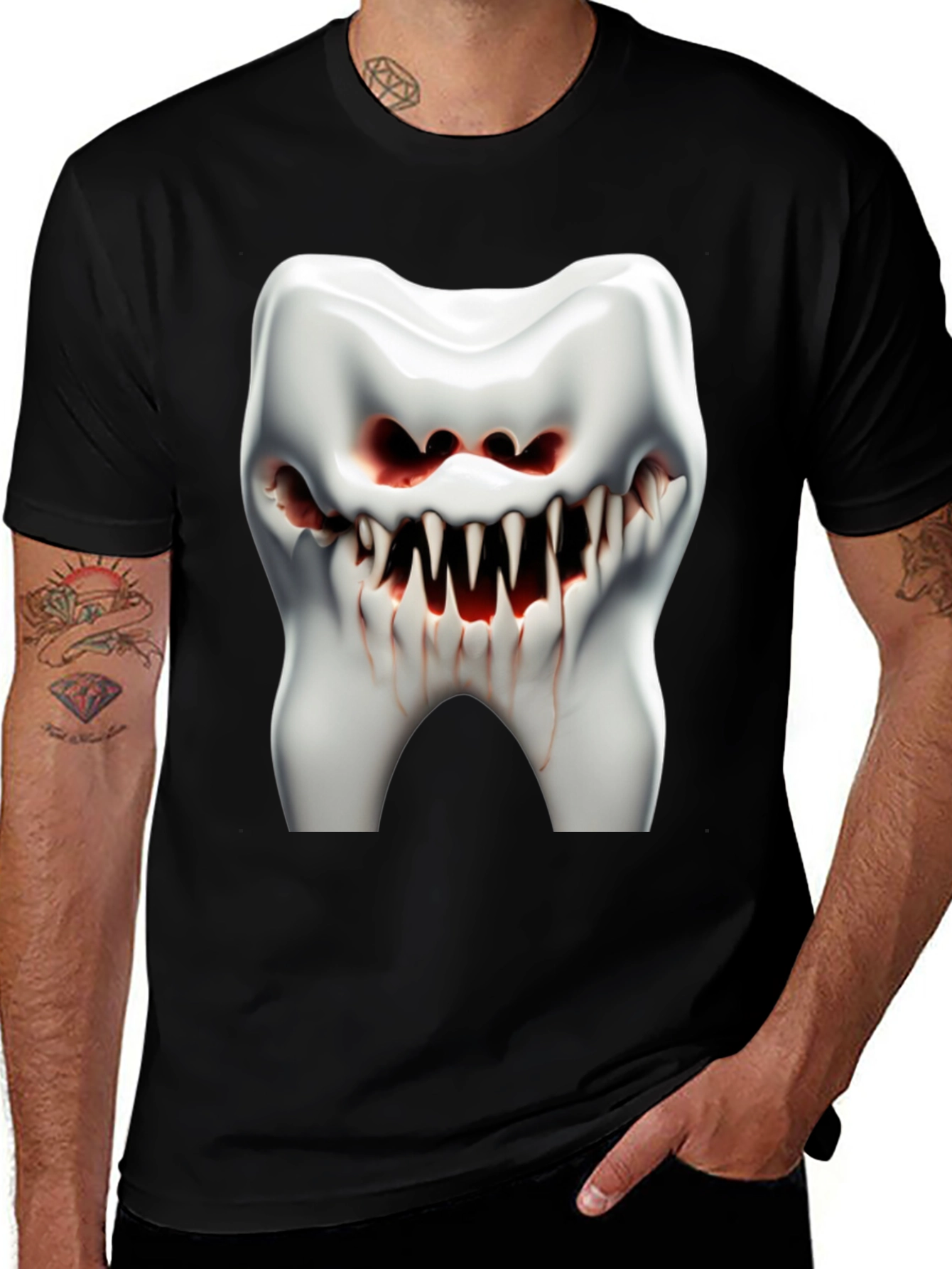 Variant 29 of Men's Scary Tooth Graphic Tee - Halloween