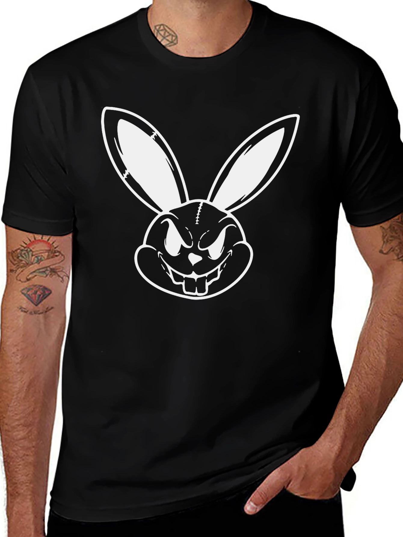 Variant 6 of Edgy Rabbit Graphic Tee - Black Cotton Comfort