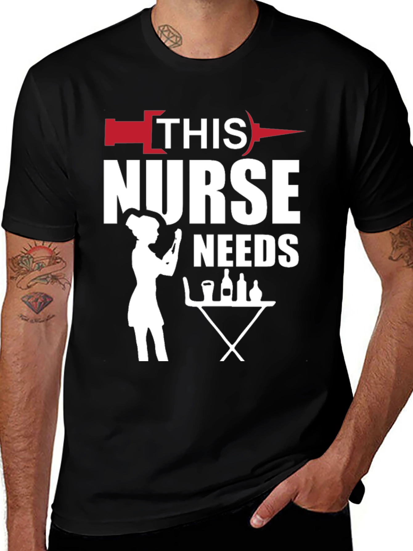 Variant 2 of Humorous Nurse Needs Wine T-Shirt - Black