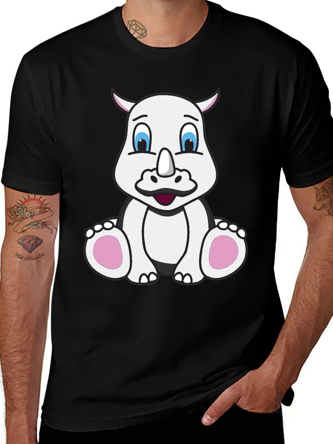 Variant 17 of Cute Rhino Graphic Tee - Black Cotton T-Shirt