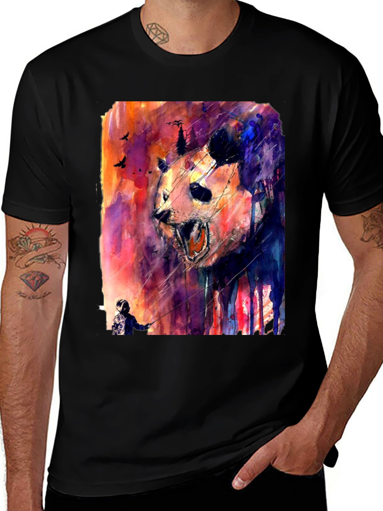 Variant 13 of Panda Watercolor Graphic Print Black T-Shirt