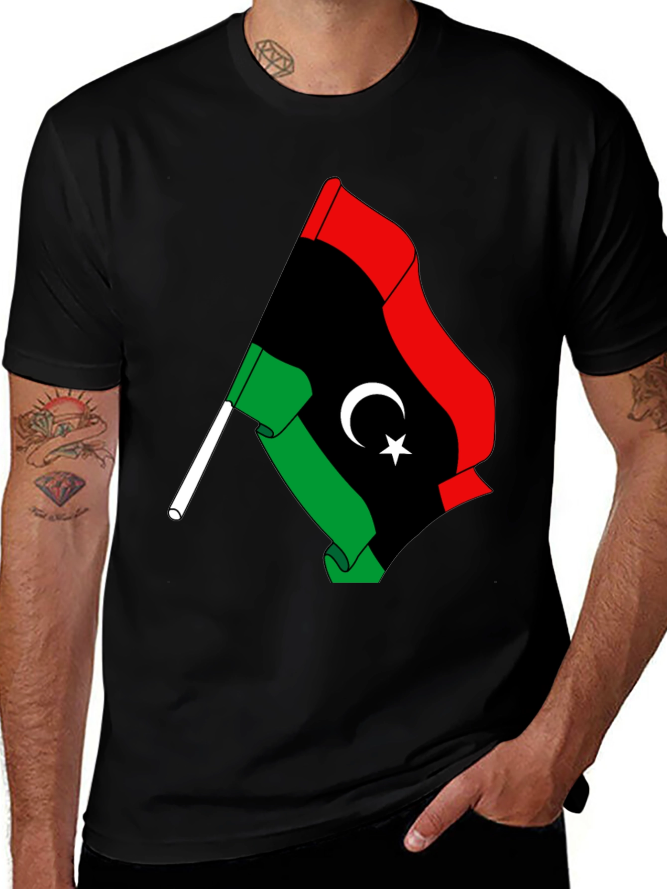 Libya Flag Graphic Tee - Black Cotton T-Shirt