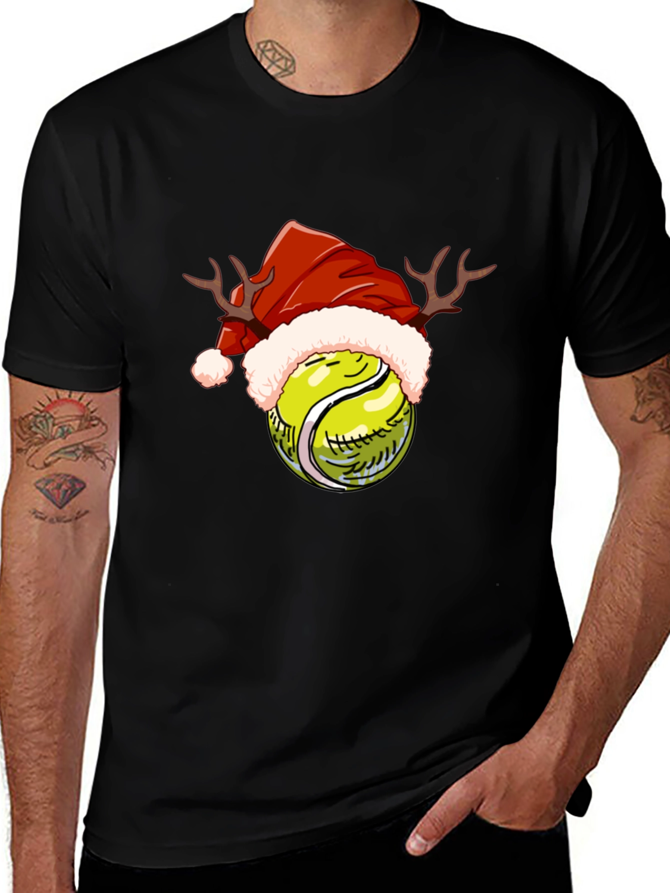 Variant 3 of Festive Tennis Ball Santa Hat Reindeer Antlers Christmas T-Shirt