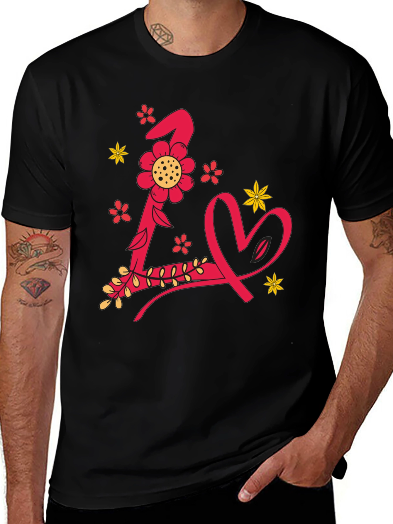 Variant 12 of Floral Letter L Love Heart Black Graphic Tee
