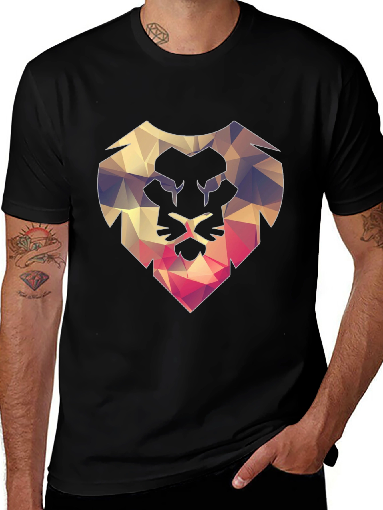 Variant 30 of Geometric Lion Head Graphic Black T-Shirt
