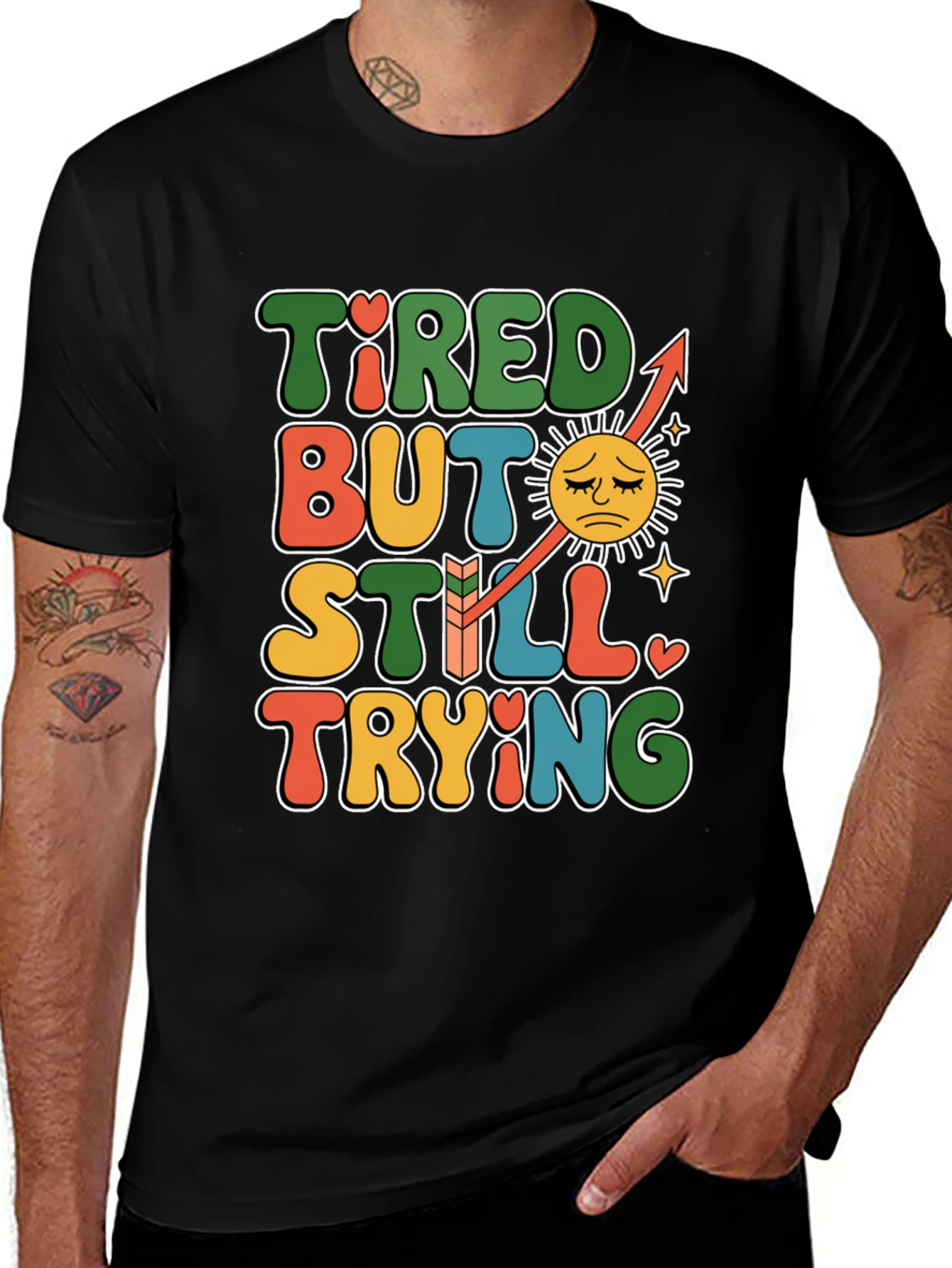 Variant 10 of Tired But Still Trying Graphic Tee - Black Cotton Blend