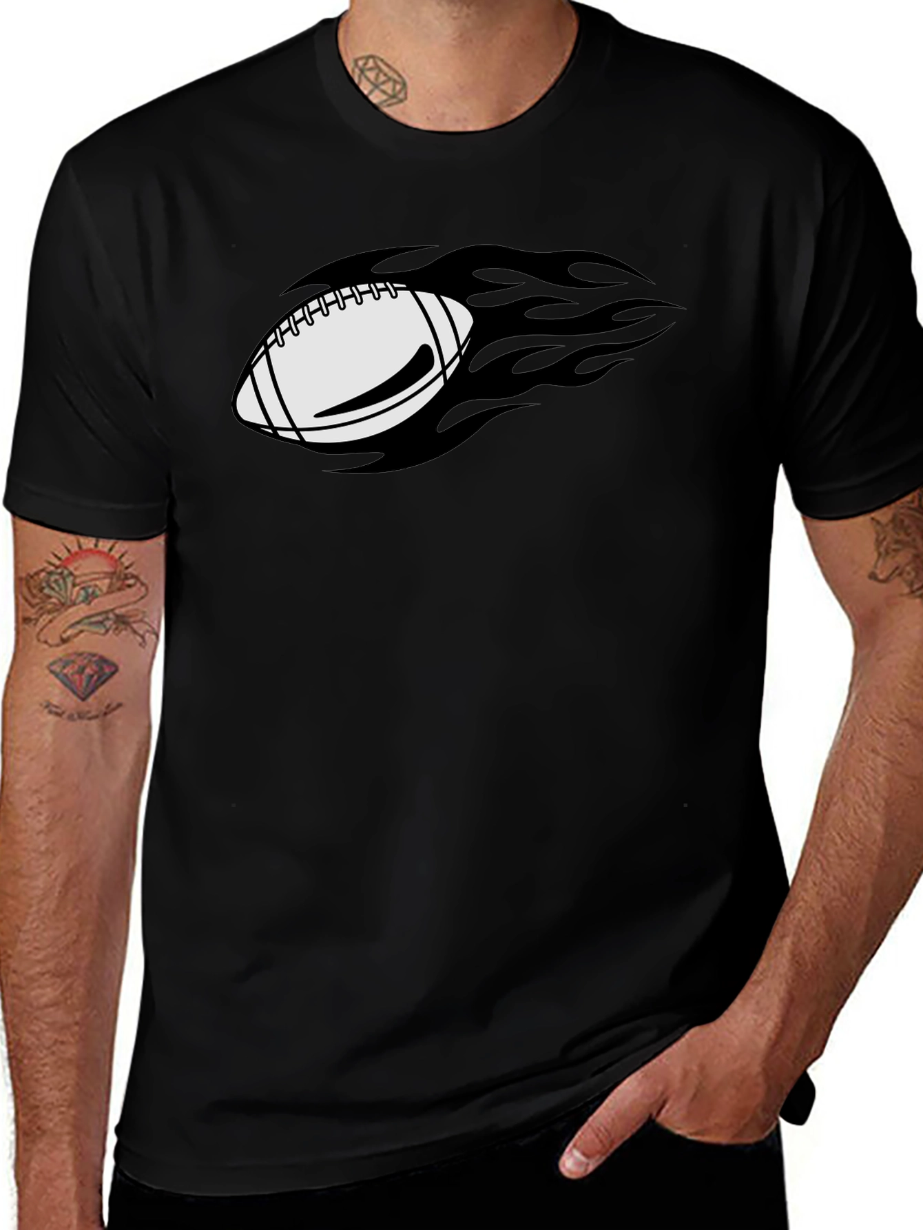Variant 25 of Flaming Football Graphic Tee - Black Cotton T-Shirt