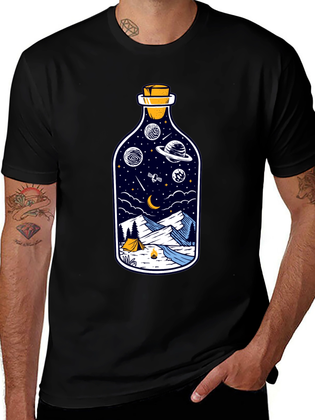 Space & Campfire T-Shirt - Unique Bottle Design