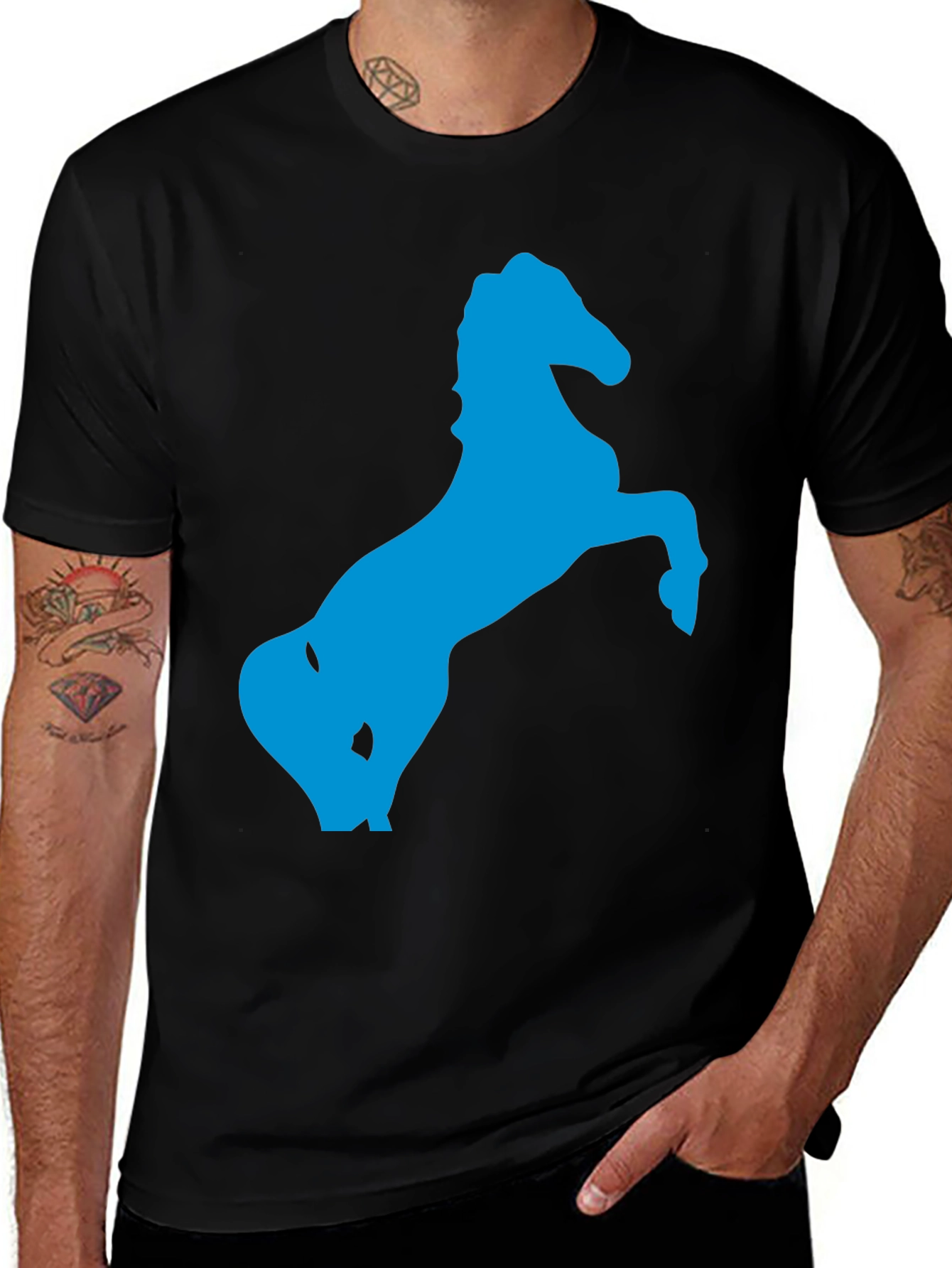 Variant 8 of Black T-Shirt with Blue Horse Silhouette
