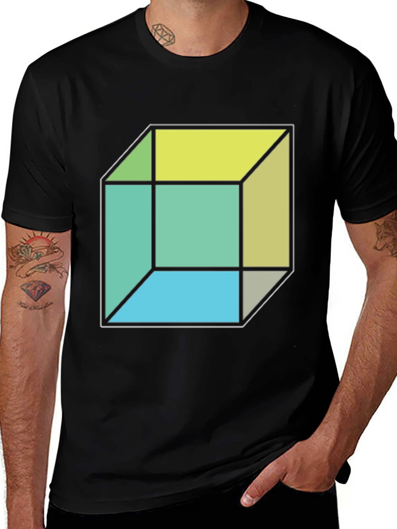 Geometric Cube Graphic Print T-Shirt - Black