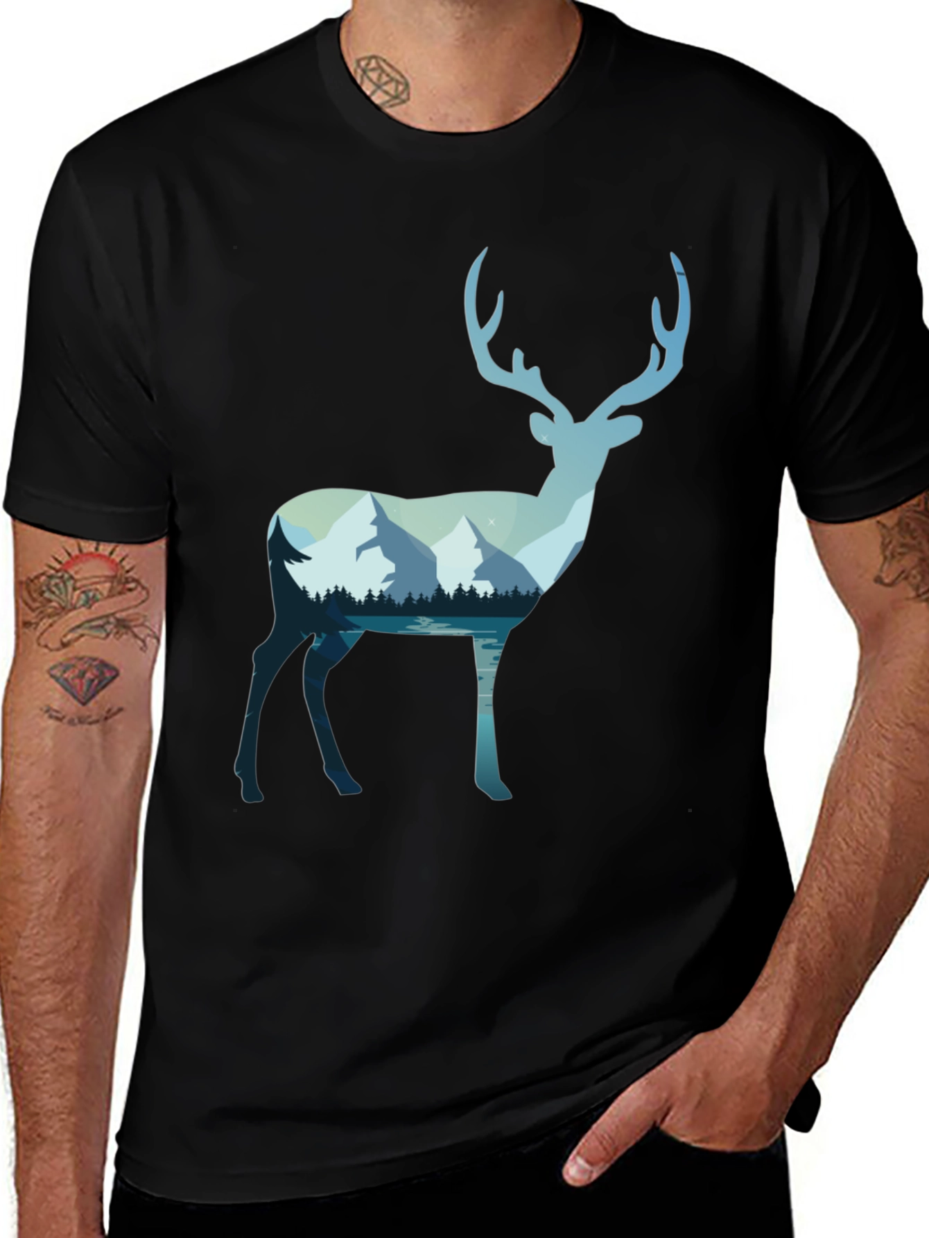 Variant 16 of Deer Silhouette Mountain Graphic Tee - Black