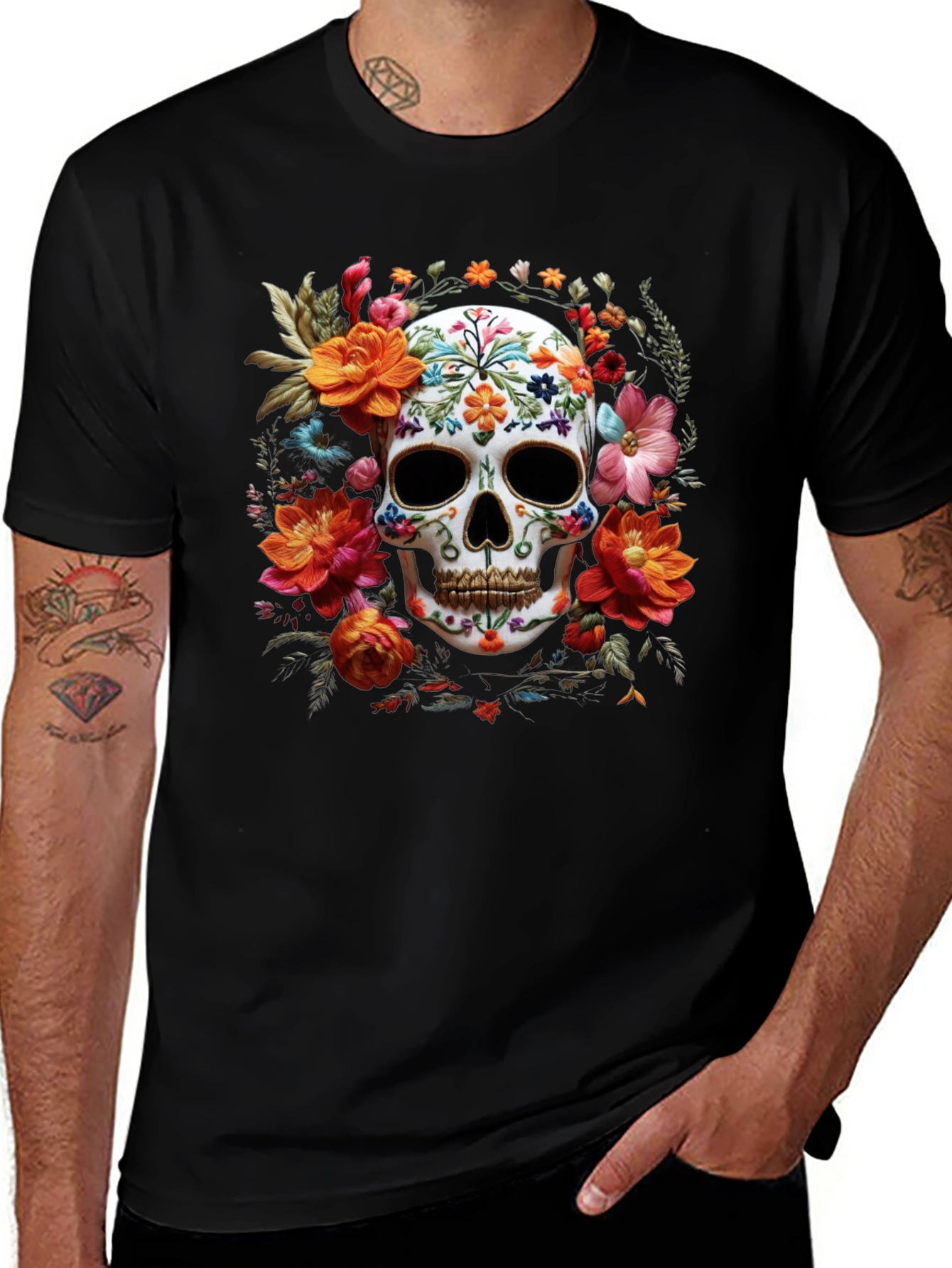 Variant 29 of Floral Skull Graphic Tee - Day of the Dead Style