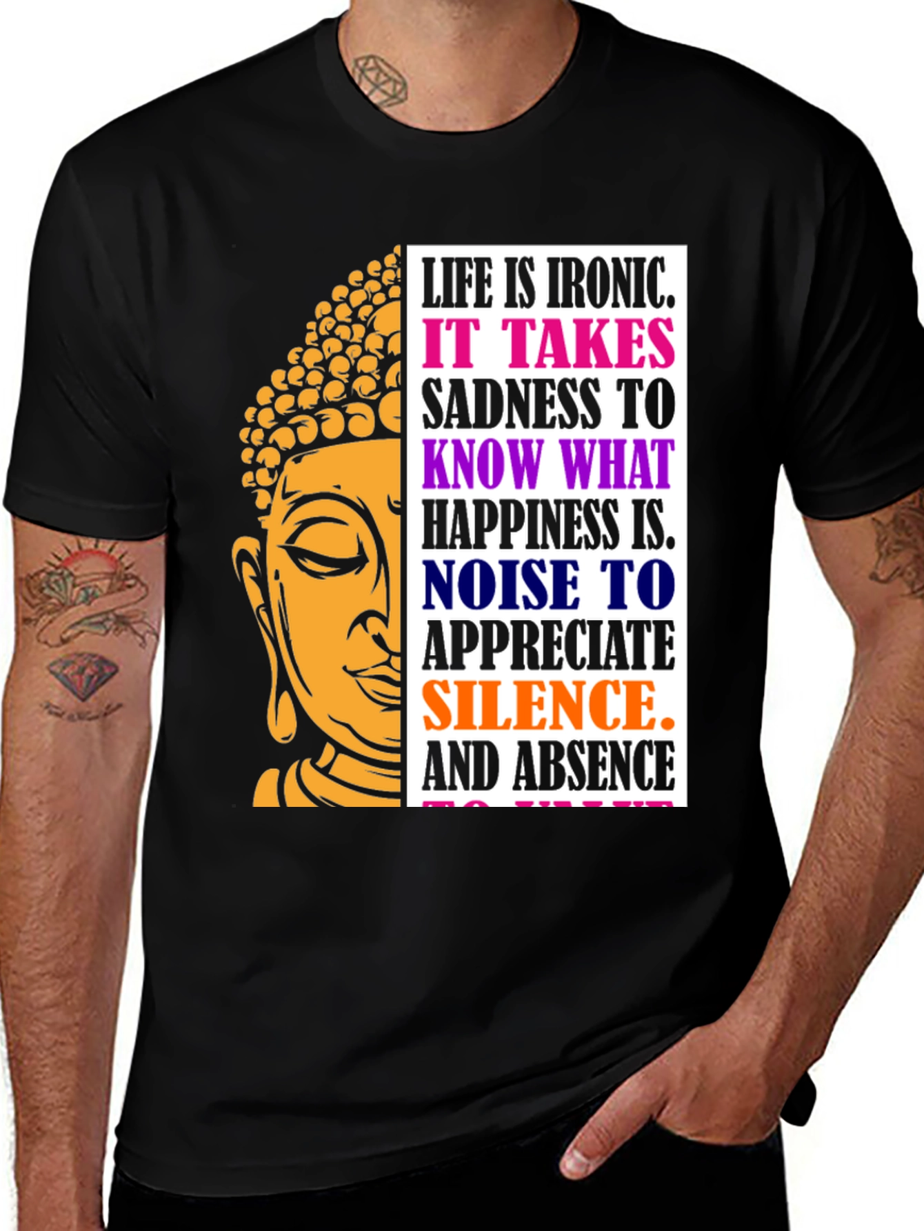 Variant 16 of Irony of Life Buddha Graphic Tee - Unisex Black T-Shirt